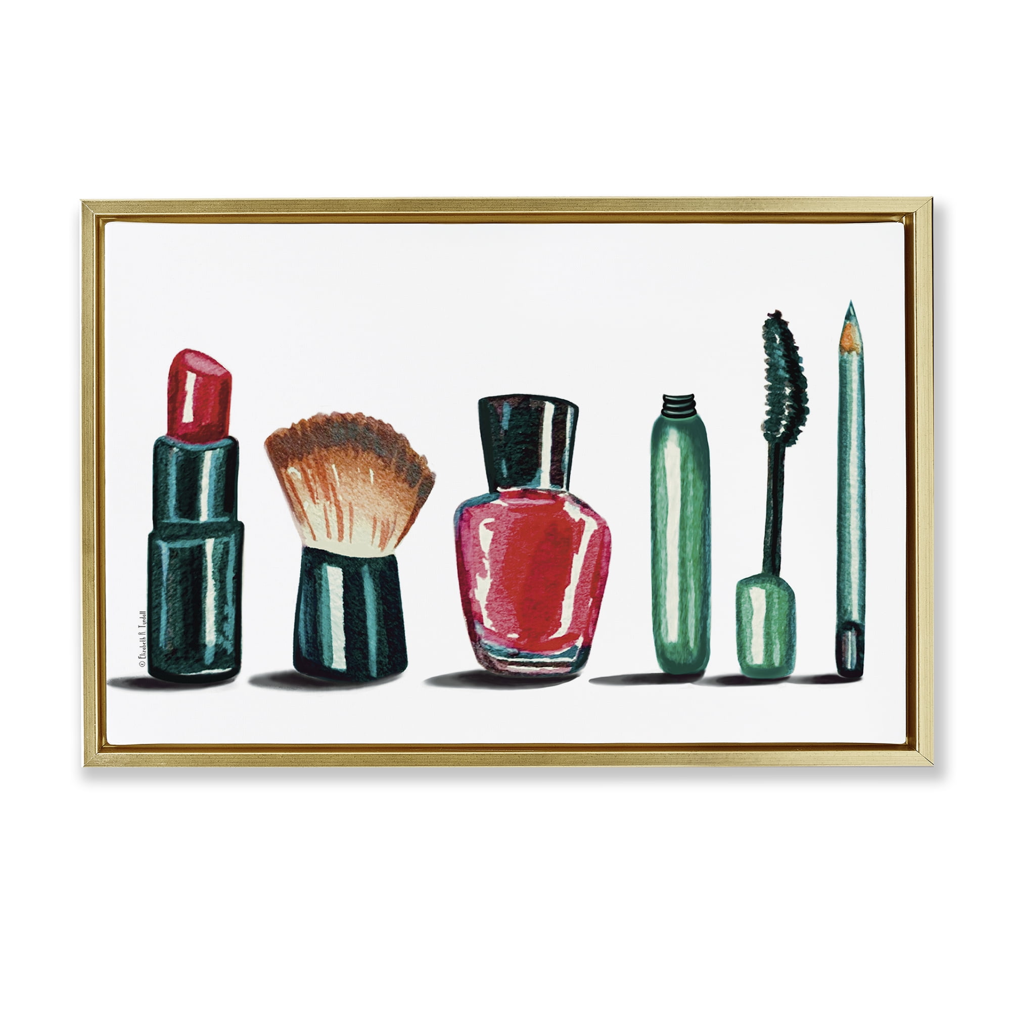 Stupell Industries Makeup Tools & Brushes Fashion Painting Gold Floater Framed Canvas Art Print Wall Art, 31 x 21