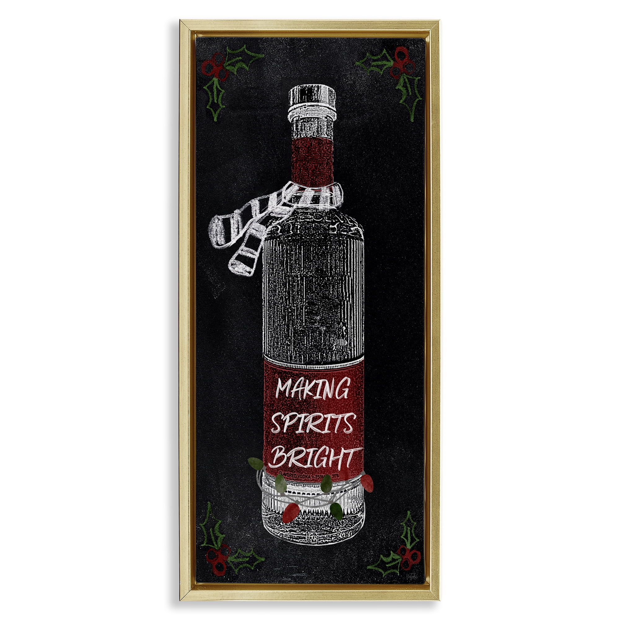 Stupell Industries Making Spirits Bright Bottle Holiday Painting Gold Floater Framed Canvas Art Prints Wall Art, 15 x 31