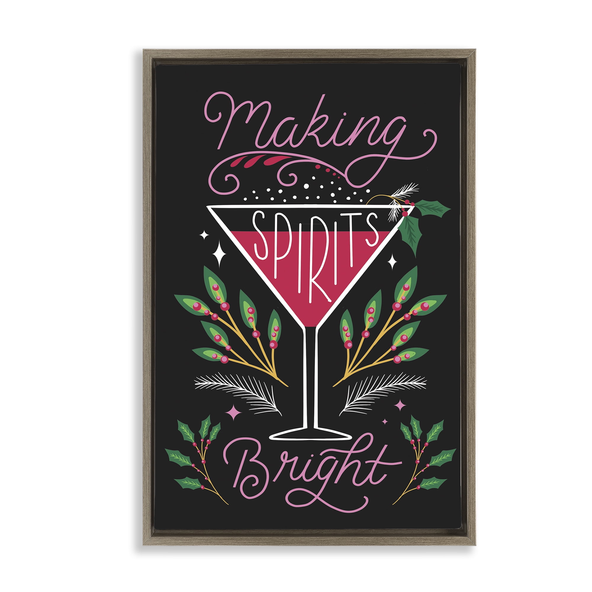 Stupell Industries Making Spirits Bright Martini Holiday Painting Brown Floater Framed Canvas Art Prints Wall Art, 17 x 25