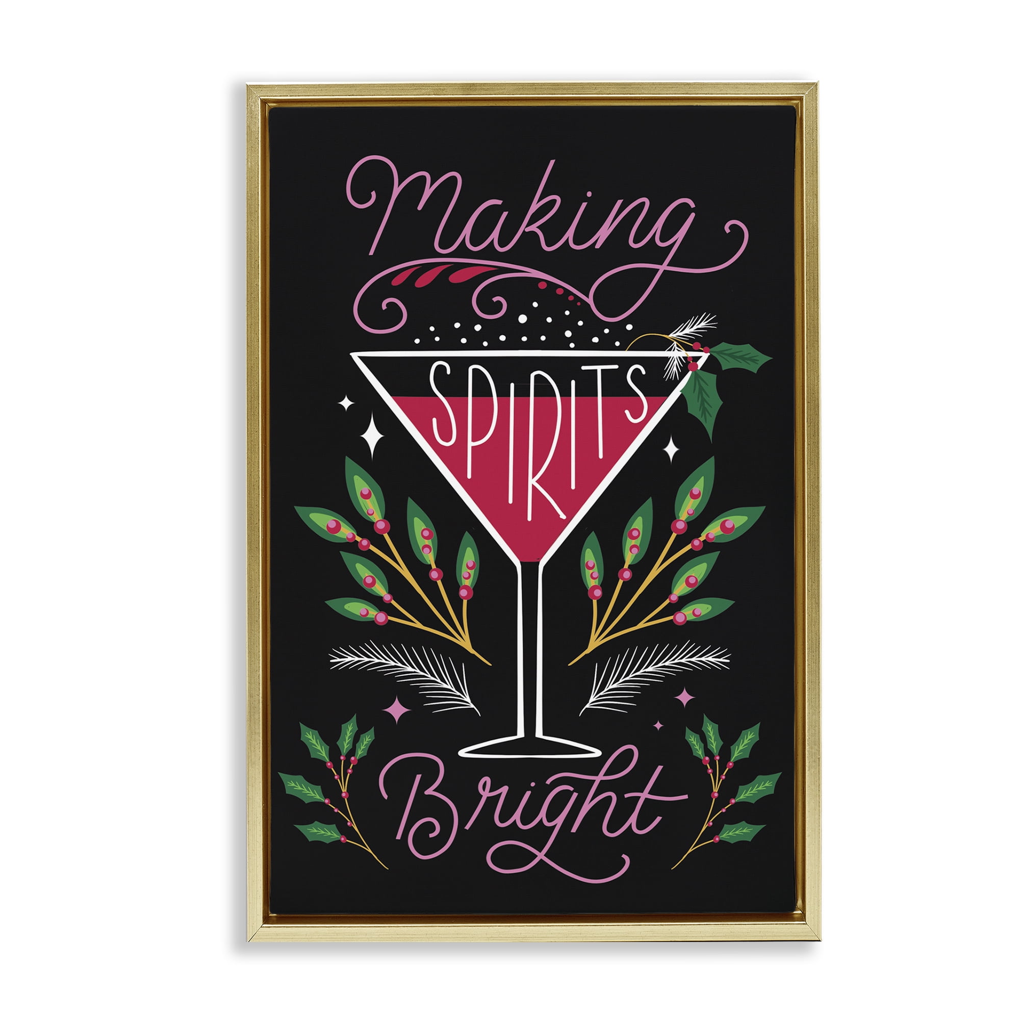 Stupell Industries Making Spirits Bright Martini Holiday Painting Gold Floater Framed Canvas Art Prints Wall Art, 17 x 25