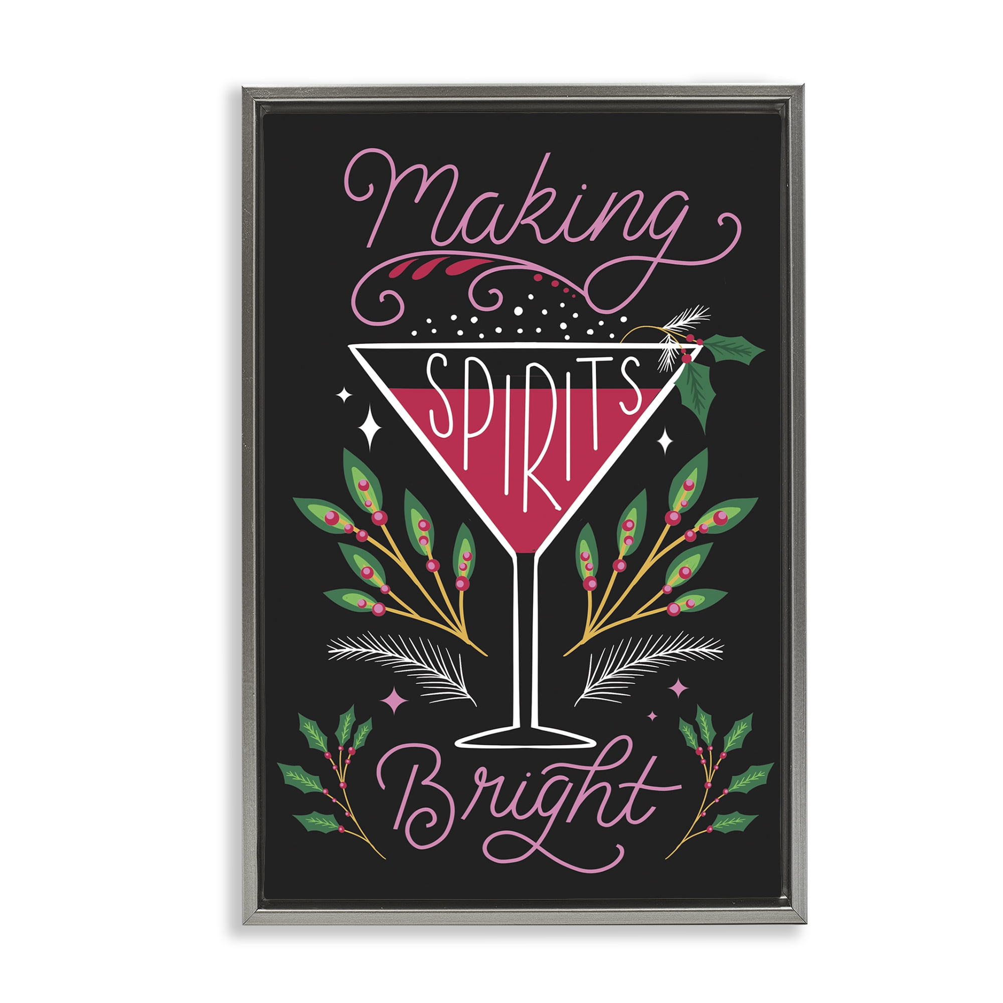 Stupell Industries Making Spirits Bright Martini Holiday Painting Gray Floater Framed Canvas Art Prints Wall Art, 17 x 25