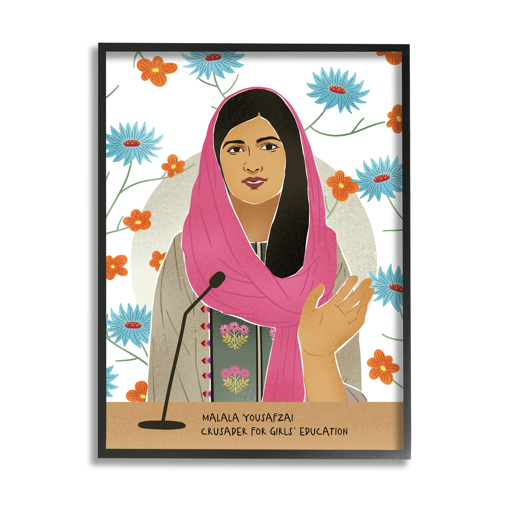Stupell Industries Malala Speech Over Blue Orange Florals Female Icon Novelty Painting Black Framed Art Print Wall Art, 16 x 20