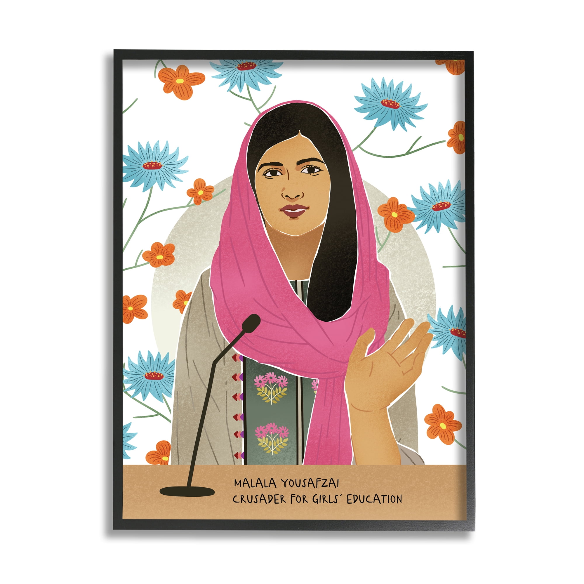 Stupell Industries Malala Speech Over Blue Orange Florals Female Icon Novelty Painting Black Framed Art Print Wall Art, 24 x 30