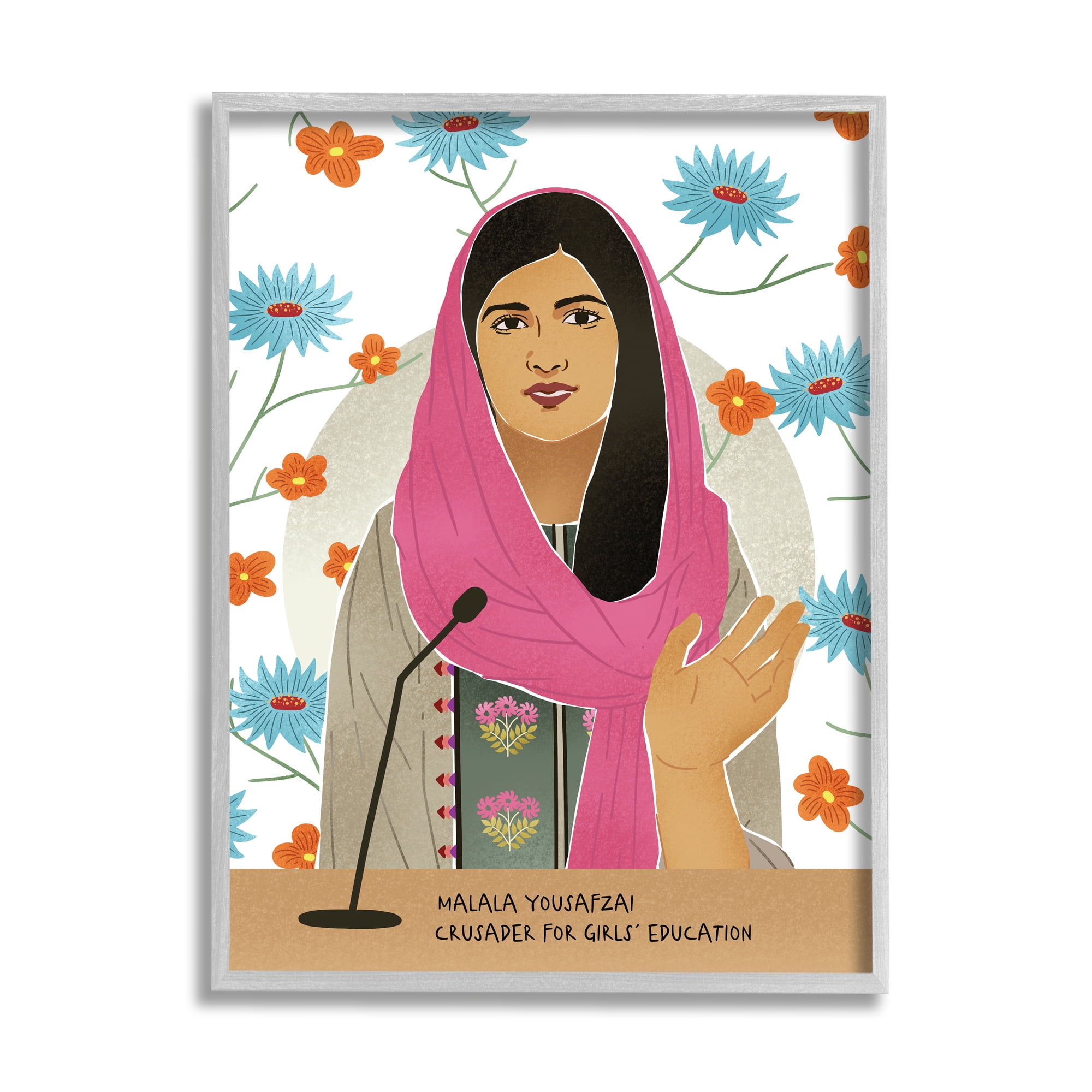 Stupell Industries Malala Speech Over Blue Orange Florals Female Icon Novelty Painting Gray Framed Art Print Wall Art, 16 x 20