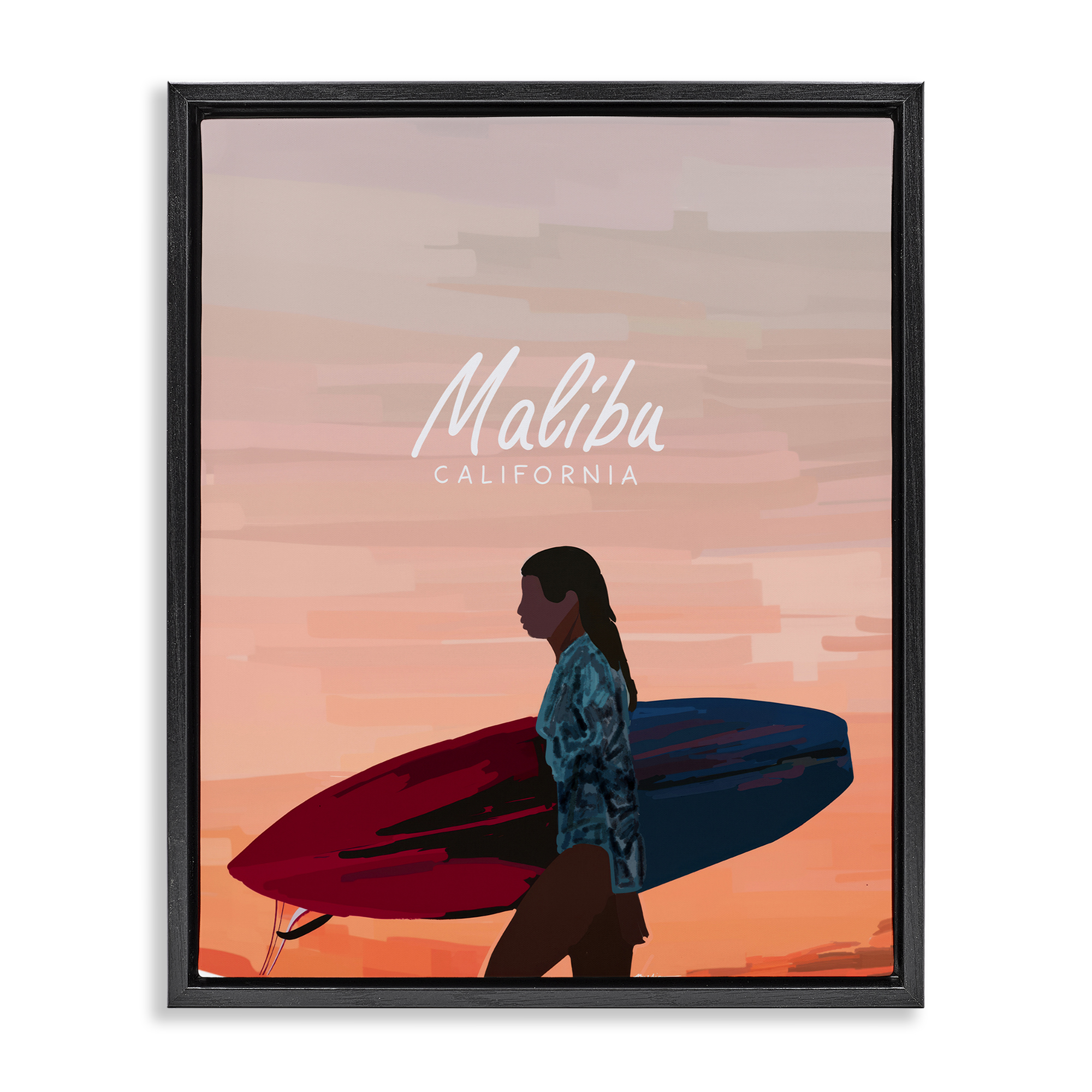 Stupell Industries Malibu Surfer Girl Sports Painting Black Floater Framed Canvas Art Print Wall Art, 25 x 31