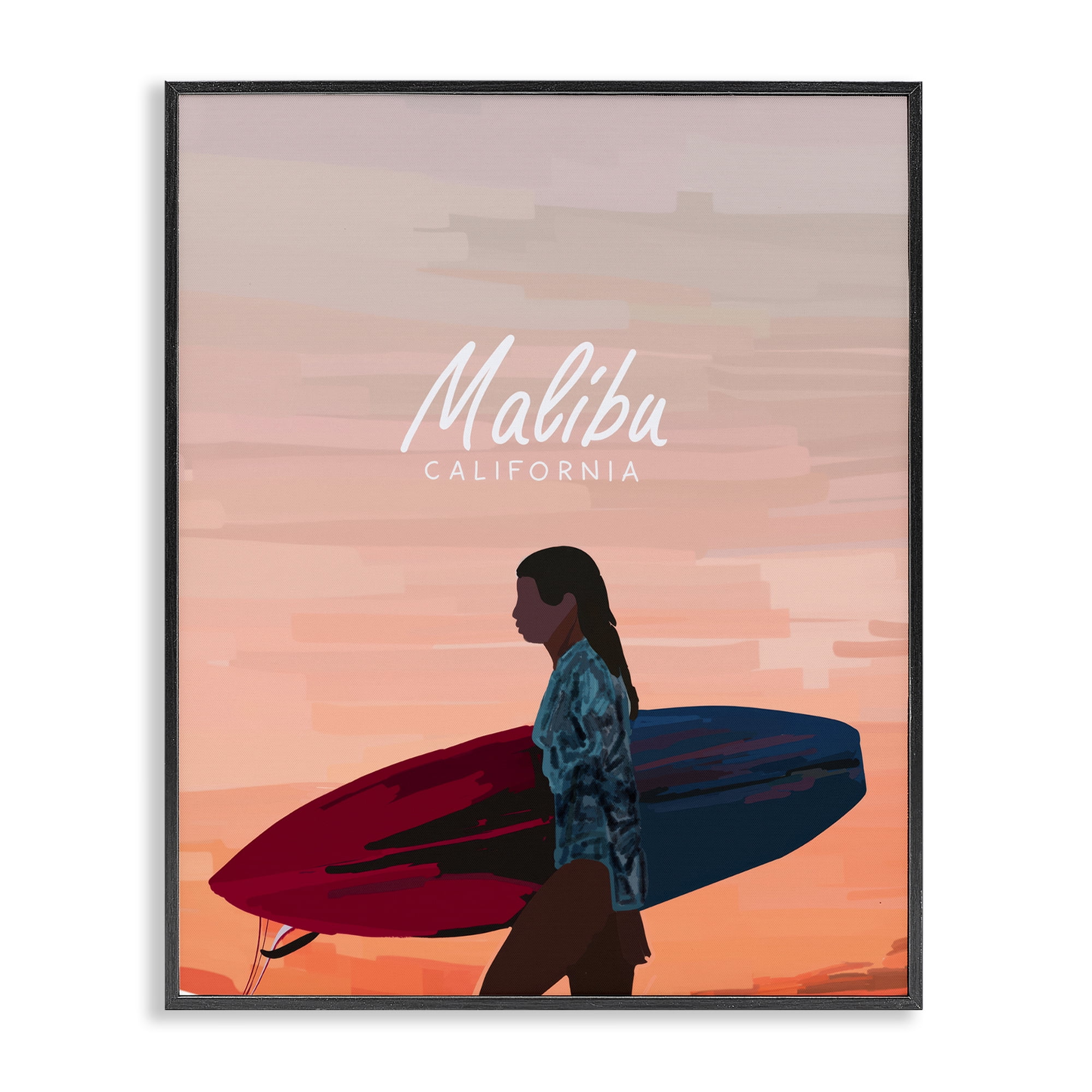 Stupell Industries Malibu Surfer Girl Sports Painting Black Framed Art Print Wall Art, 24 x 30