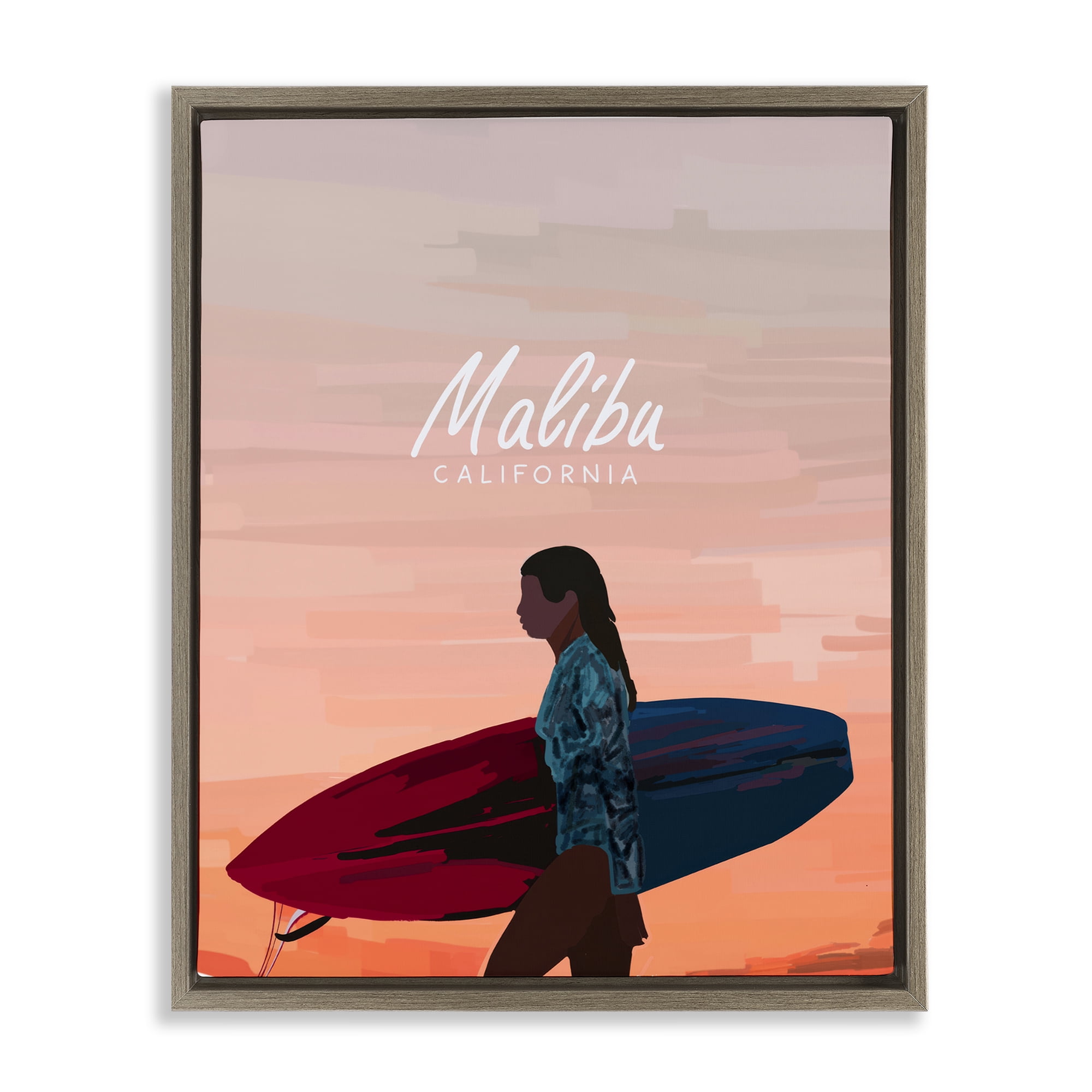 Stupell Industries Malibu Surfer Girl Sports Painting Brown Floater Framed Canvas Art Print Wall Art, 17 x 21