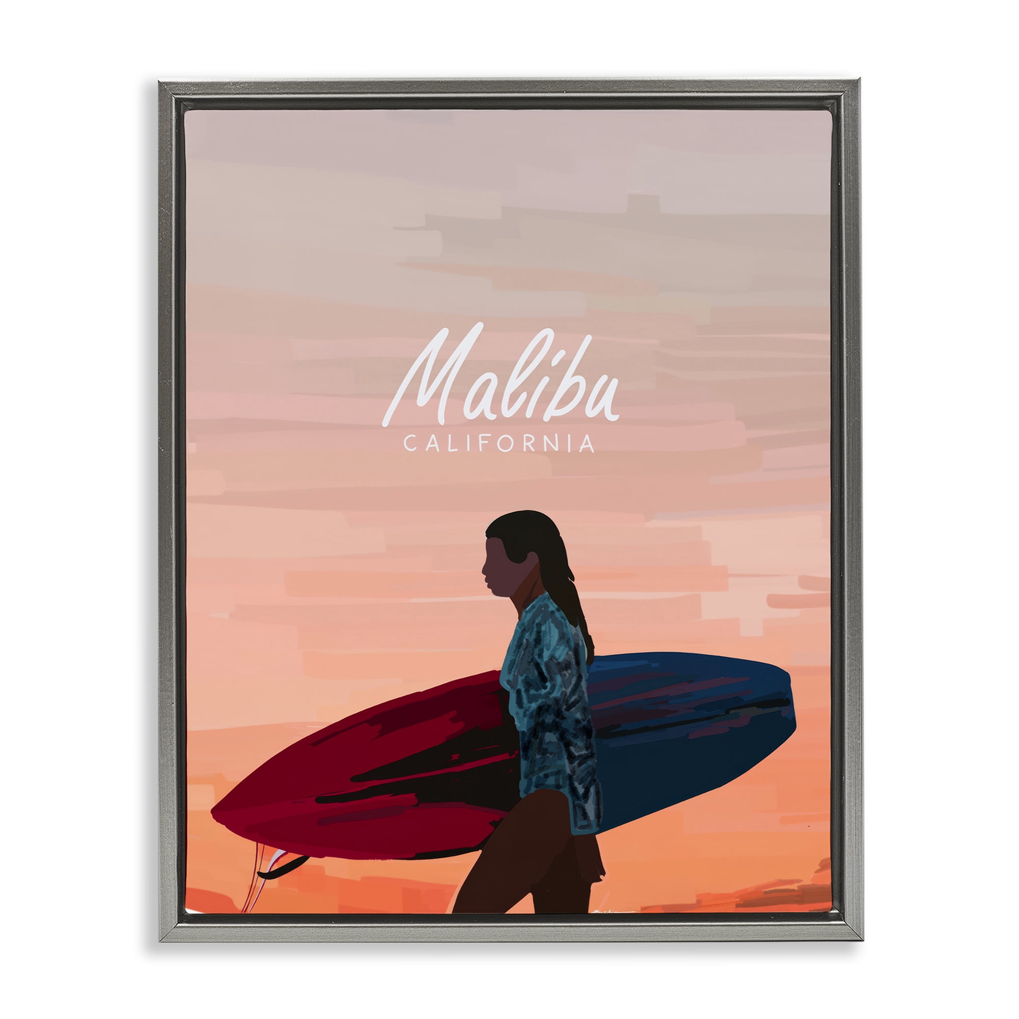 Stupell Industries Malibu Surfer Girl Sports Painting Gray Floater Framed Canvas Art Print Wall Art, 25 x 31