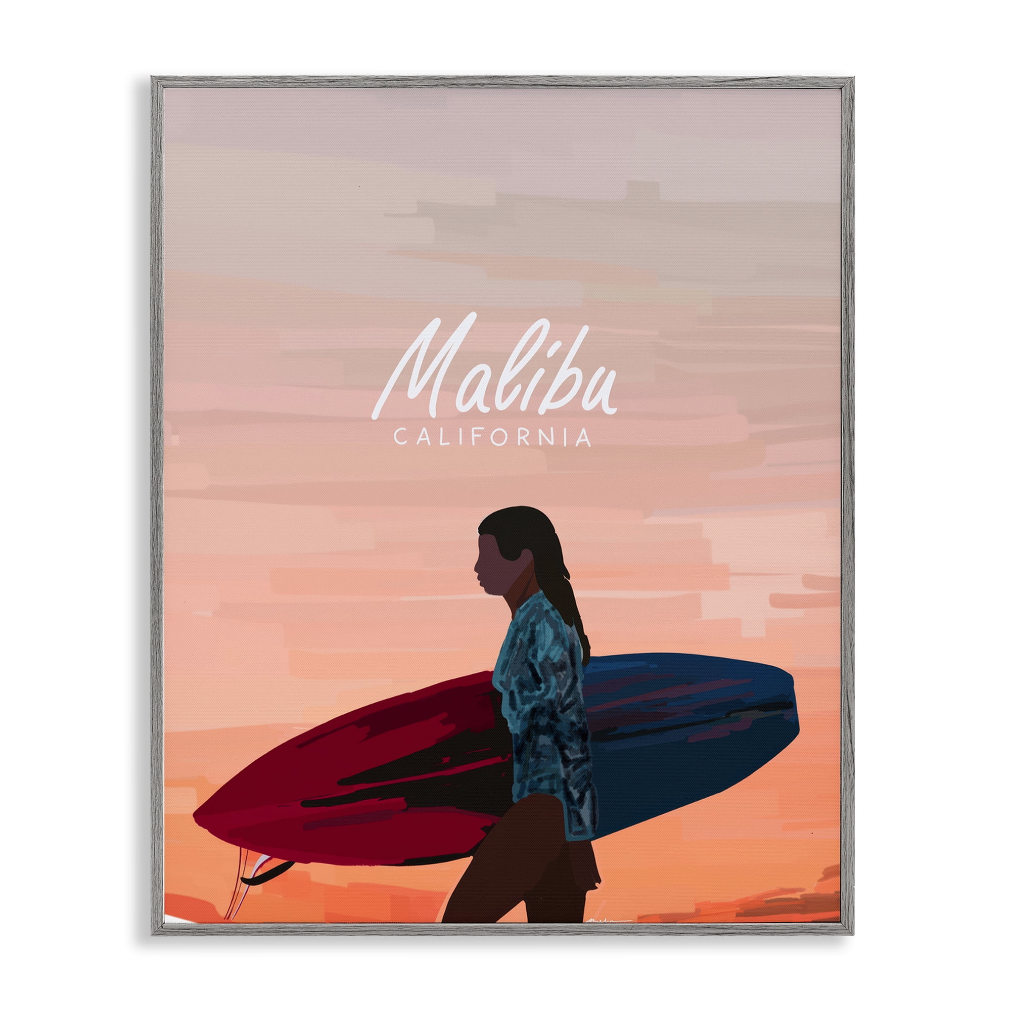 Stupell Industries Malibu Surfer Girl Sports Painting Gray Framed Art Print Wall Art, 11 x 14