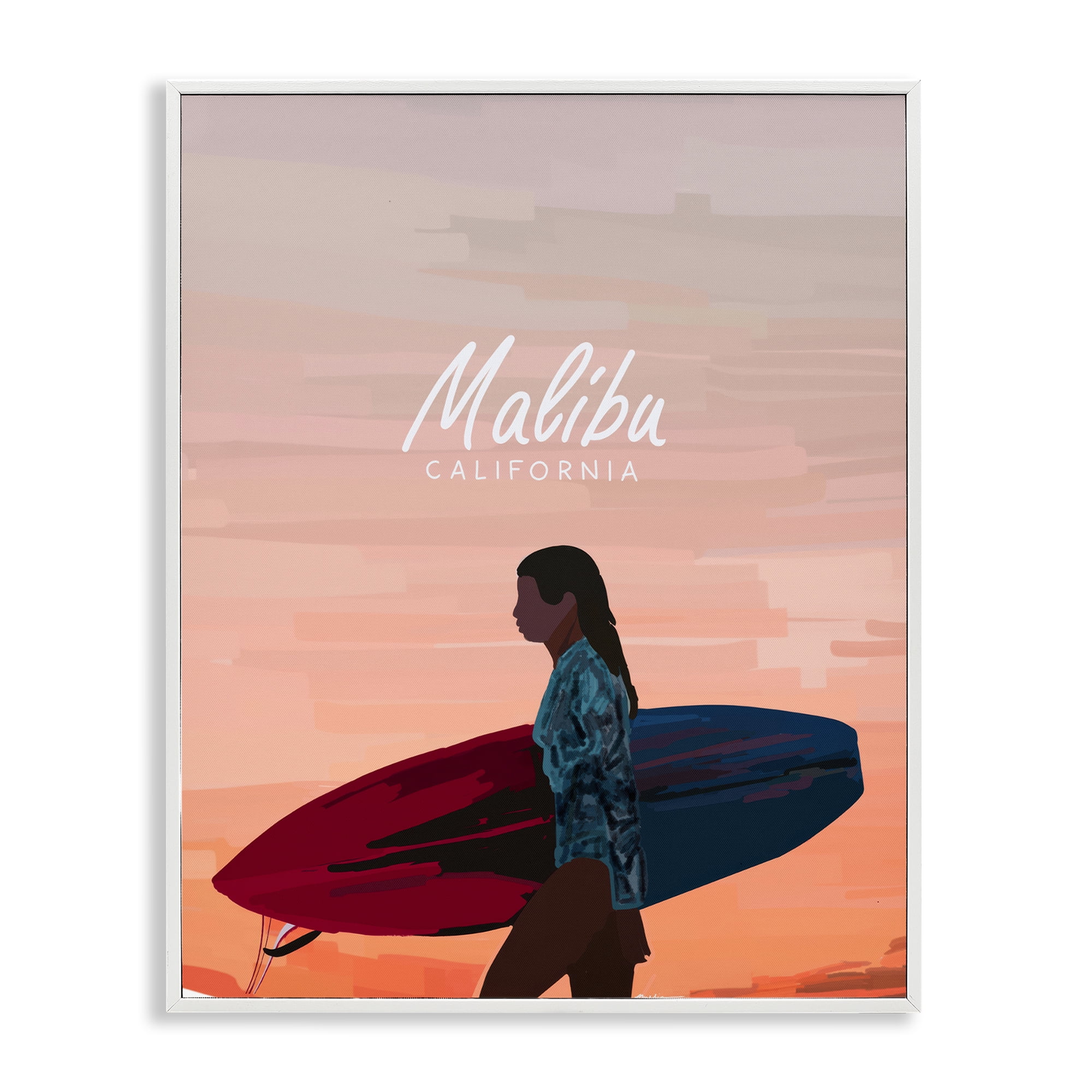 Stupell Industries Malibu Surfer Girl Sports Painting White Framed Art Print Wall Art, 24 x 30