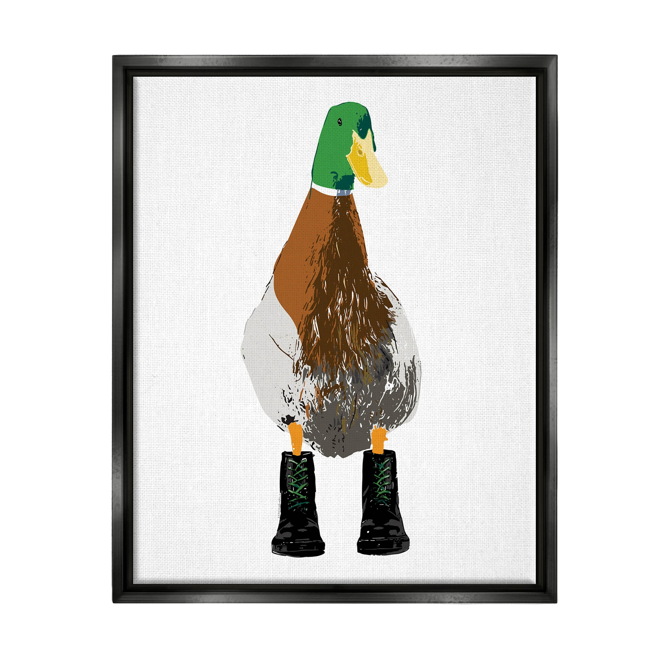 Stupell Industries Mallard Duck Wearing Boots Portrait Graphic Art Jet Black Floating Framed Canvas Print Wall Art, Design by Kamdon Kreations