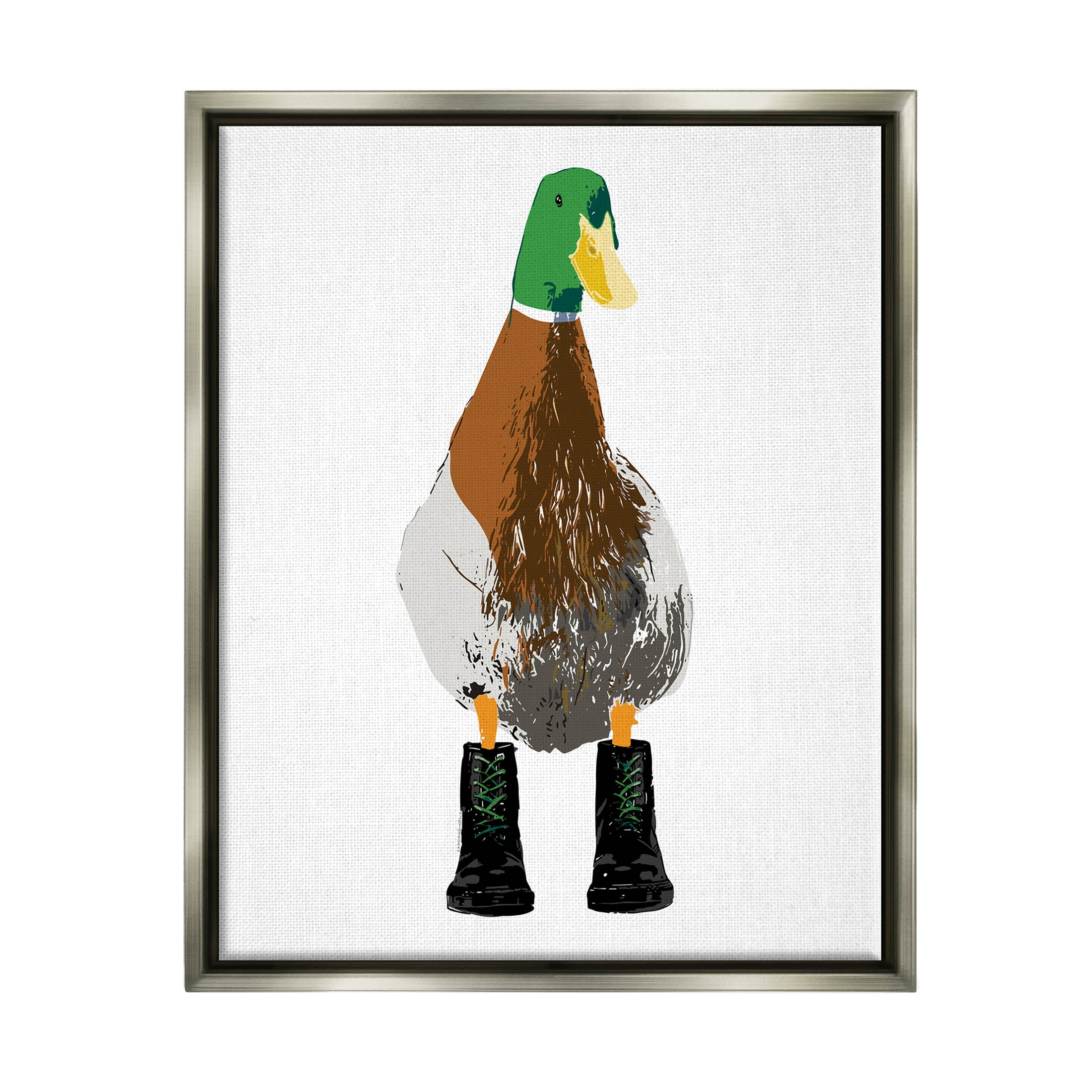 Stupell Industries Mallard Duck Wearing Boots Portrait Graphic Art Luster Gray Floating Framed Canvas Print Wall Art, Design by Kamdon Kreations