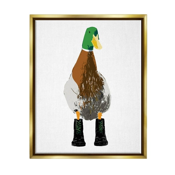 Stupell Industries Mallard Duck Wearing Boots Portrait Graphic Art Metallic Gold Floating Framed Canvas Print Wall Art, Design by Kamdon Kreations