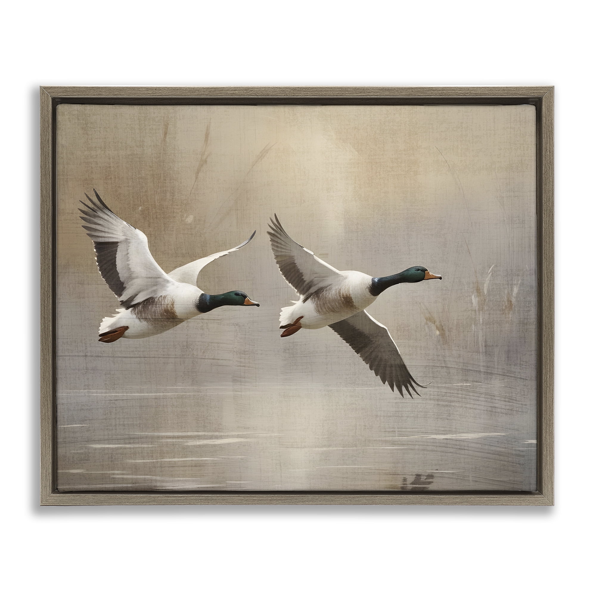 Stupell Industries Mallard Ducks over Pond Brown Framed Floater Canvas Wall Art, design by Susan Arnot