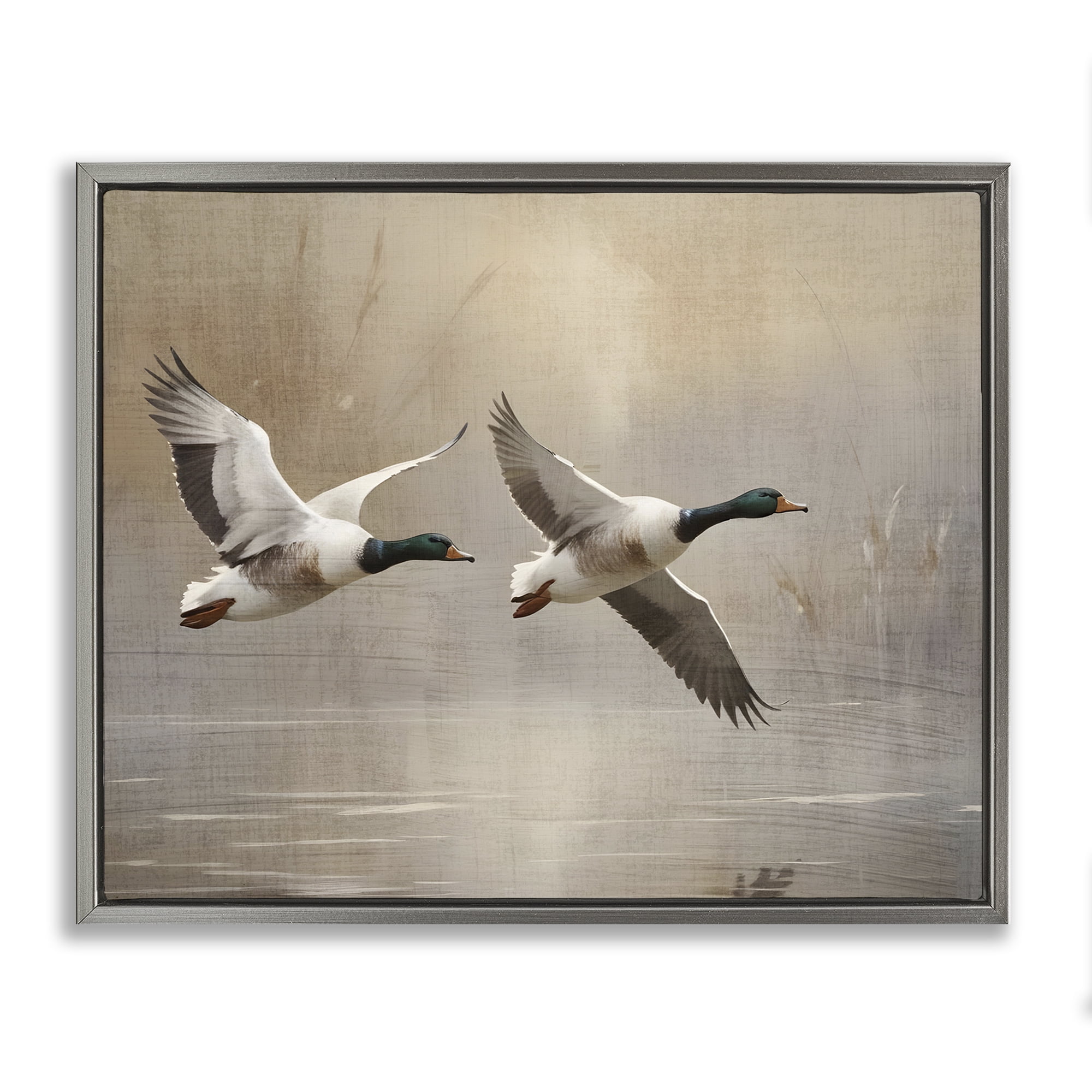 Stupell Industries Mallard Ducks over Pond Gray Framed Floater Canvas Wall Art, design by Susan Arnot