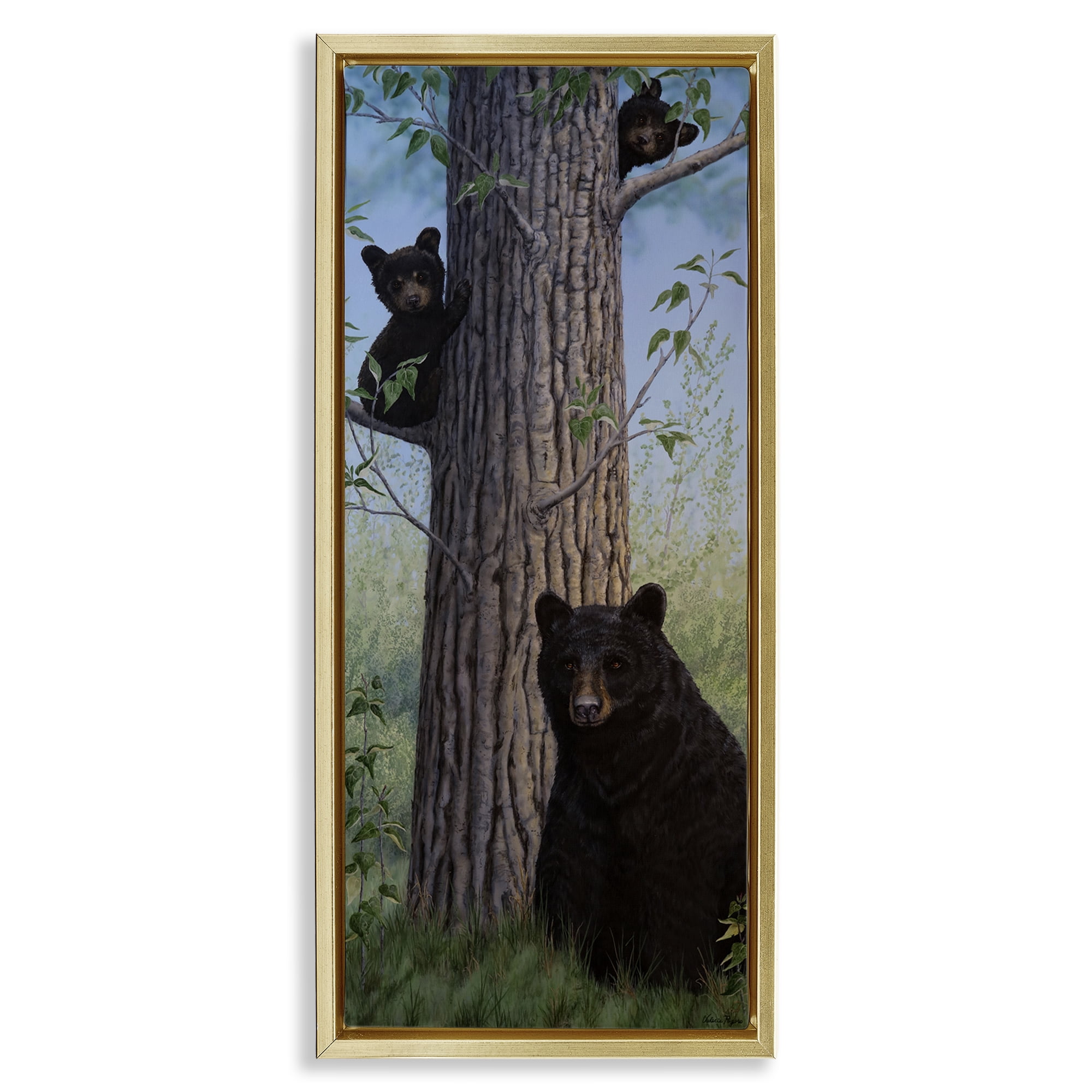 Stupell Industries Mama Bear & Cubs Animals Painting Gold Floater Framed Canvas Art Print Wall Art, 11 x 25