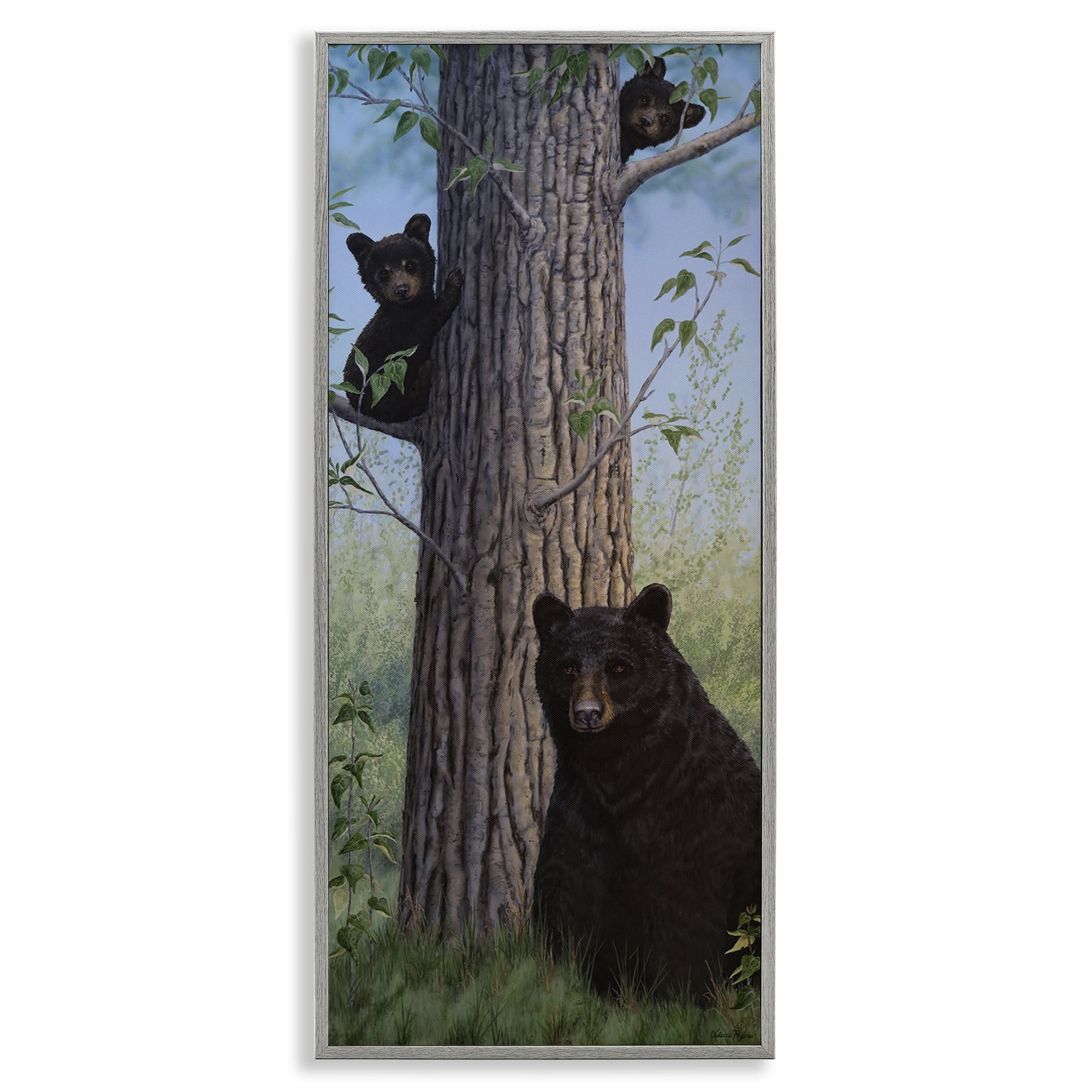 Stupell Industries Mama Bear & Cubs Animals Painting Gray Framed Art Print Wall Art, 13 x 30