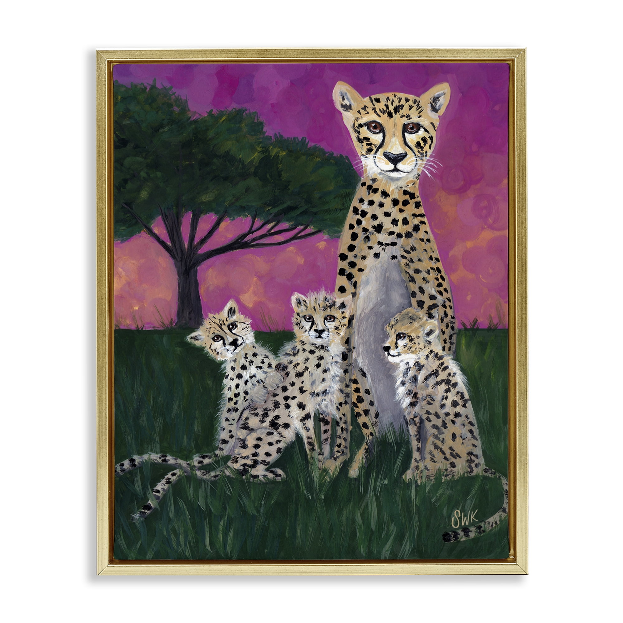 Stupell Industries Mama Cheetah & Her Cubs Gold Framed Floater Canvas Wall Art, design by Sarah Waldron Kimball