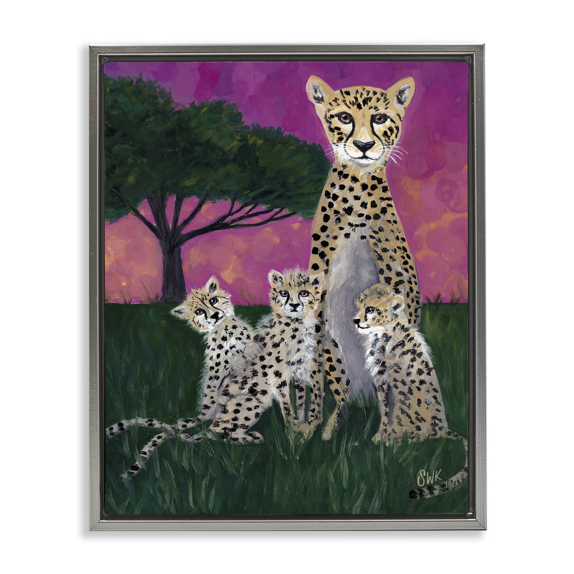 Stupell Industries Mama Cheetah & Her Cubs Gray Framed Floater Canvas Wall Art, design by Sarah Waldron Kimball
