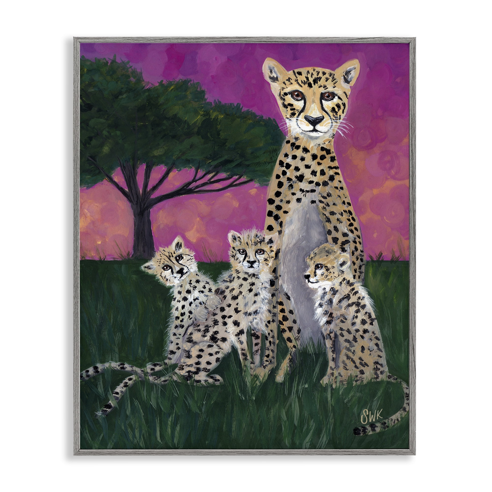 Stupell Industries Mama Cheetah & Her Cubs Gray Framed Giclee Art, design by Sarah Waldron Kimball