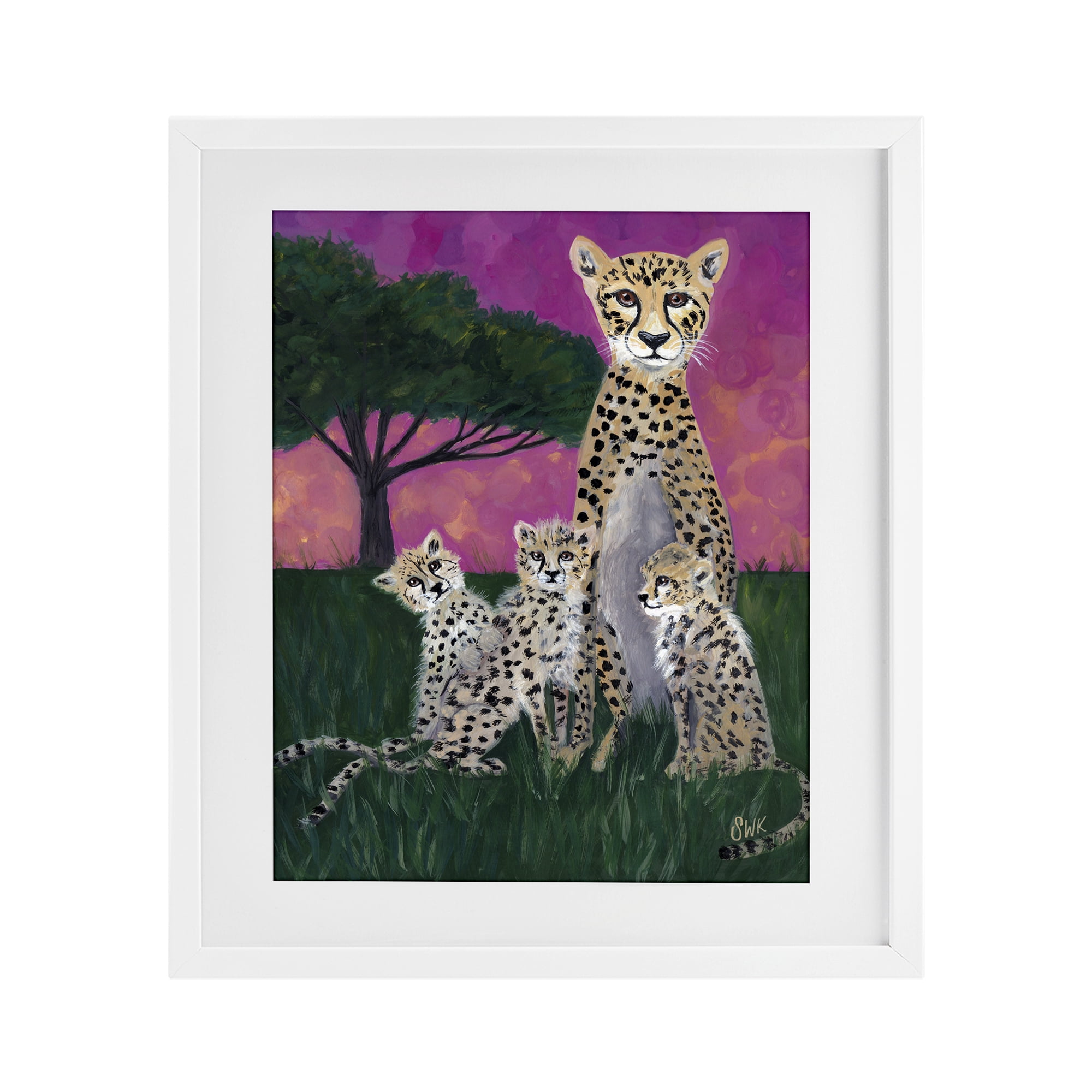 Stupell Industries Mama Cheetah & Her Cubs White Framed Print Under Glass, design by Sarah Waldron Kimball