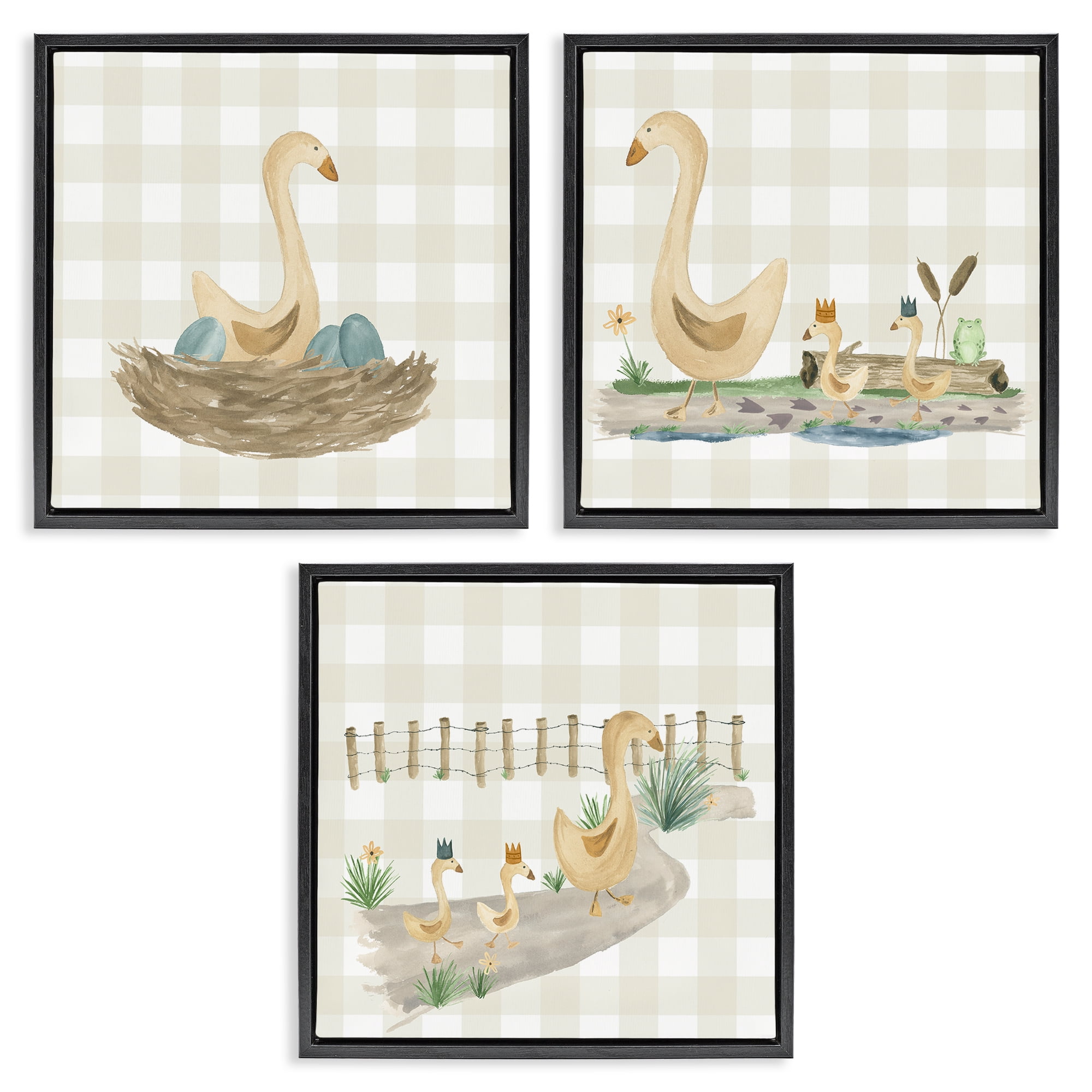Stupell Industries Mama Goose & Ducklings Animals Painting Black Floater Framed Canvas Art Print Wall Art, 25 x 25, Set of 3
