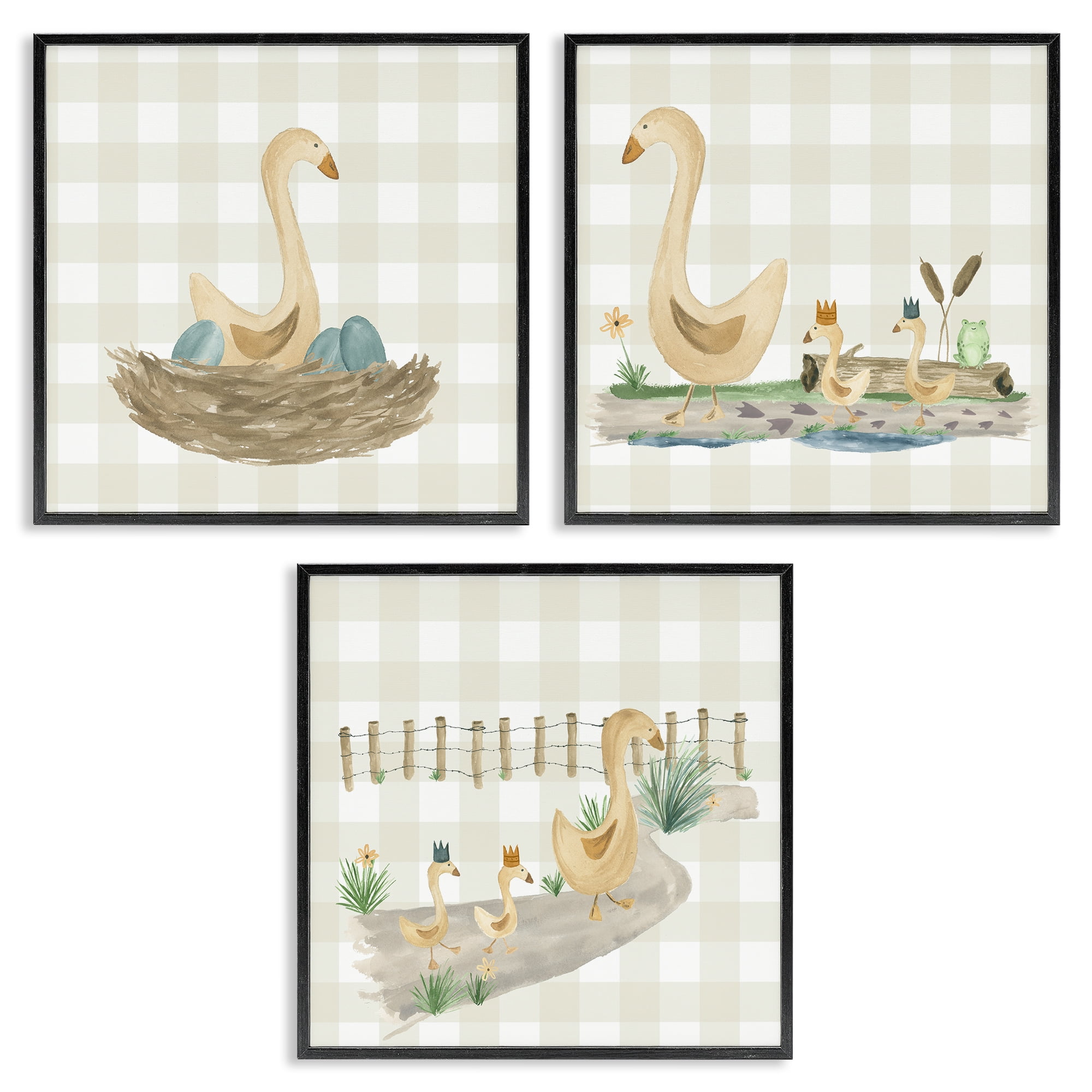 Stupell Industries Mama Goose & Ducklings Animals Painting Black Framed Art Print Wall Art, 17 x 17, Set of 3