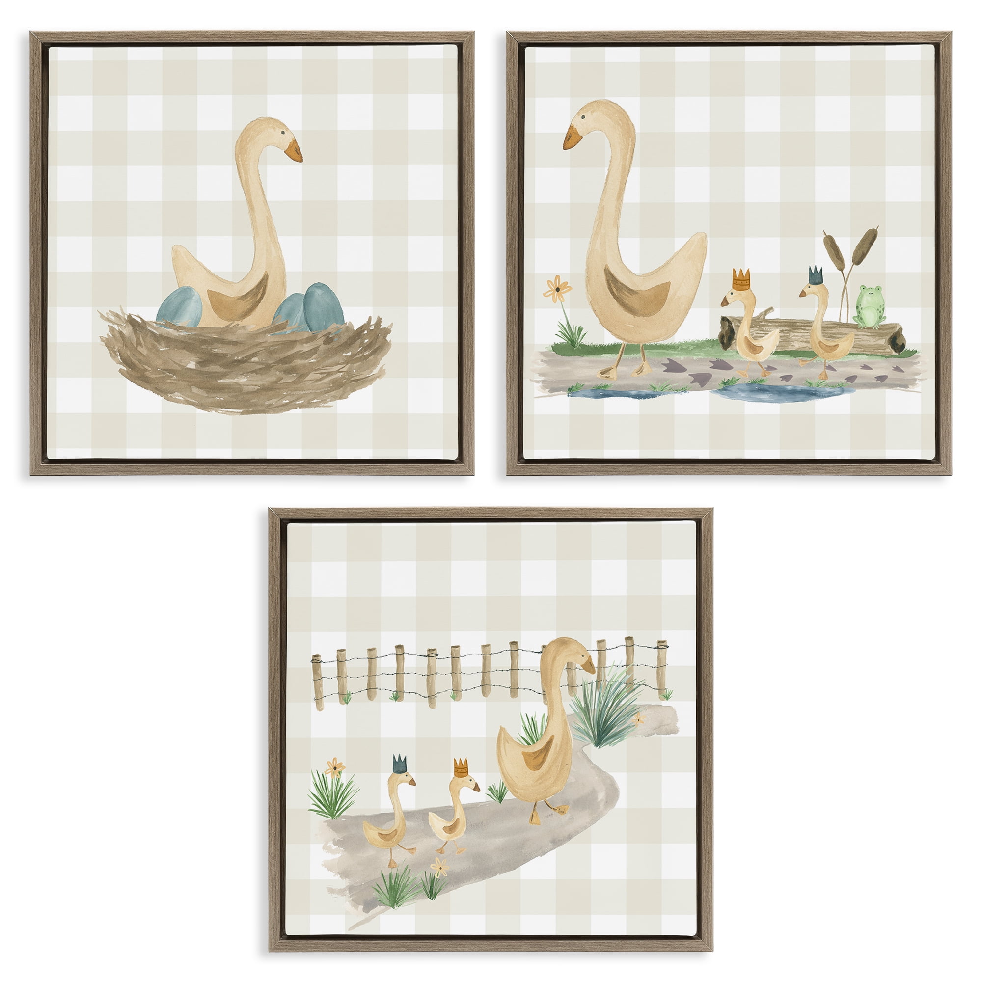 Stupell Industries Mama Goose & Ducklings Animals Painting Brown Floater Framed Canvas Art Print Wall Art, 25 x 25, Set of 3