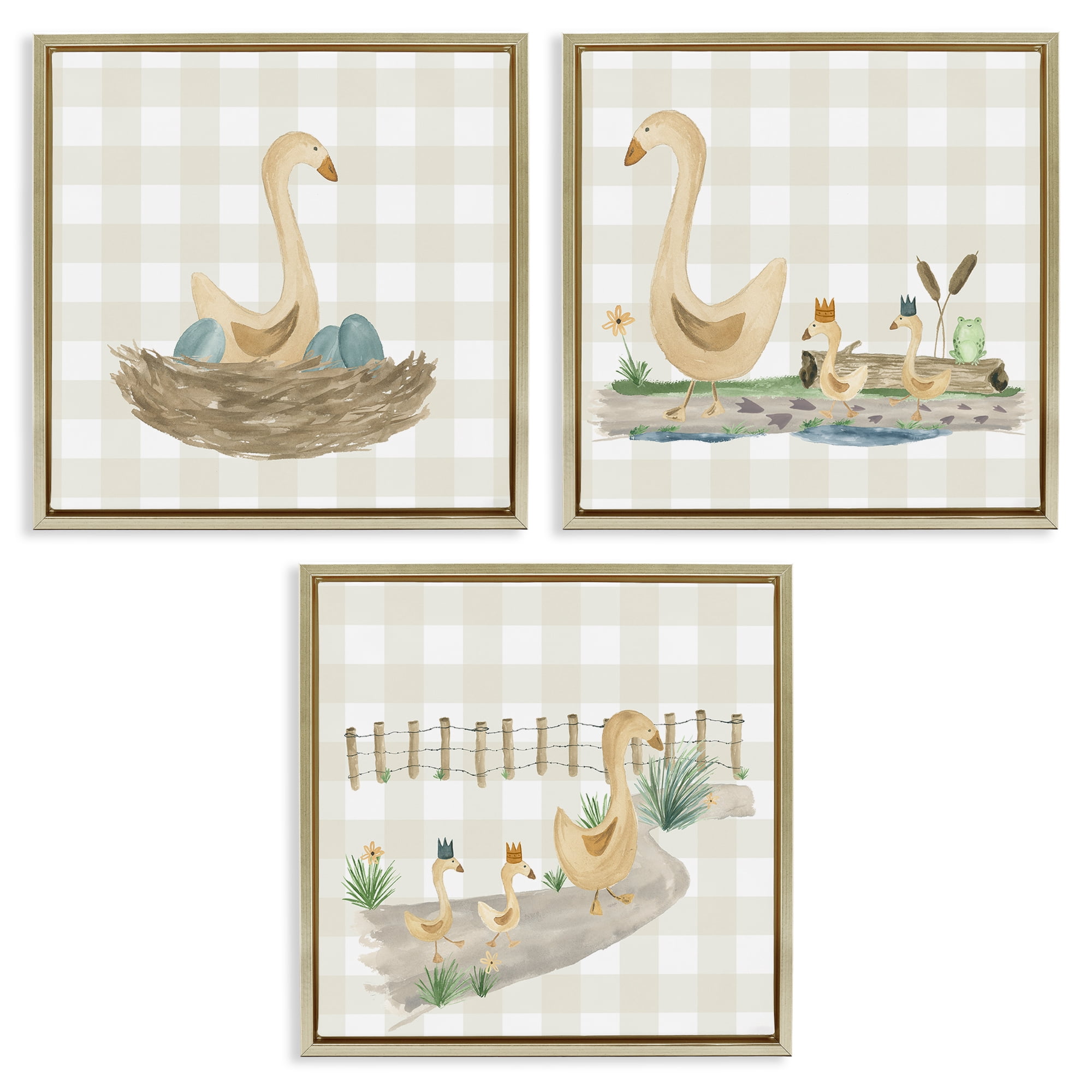 Stupell Industries Mama Goose & Ducklings Animals Painting Gold Floater Framed Canvas Art Print Wall Art, 25 x 25, Set of 3