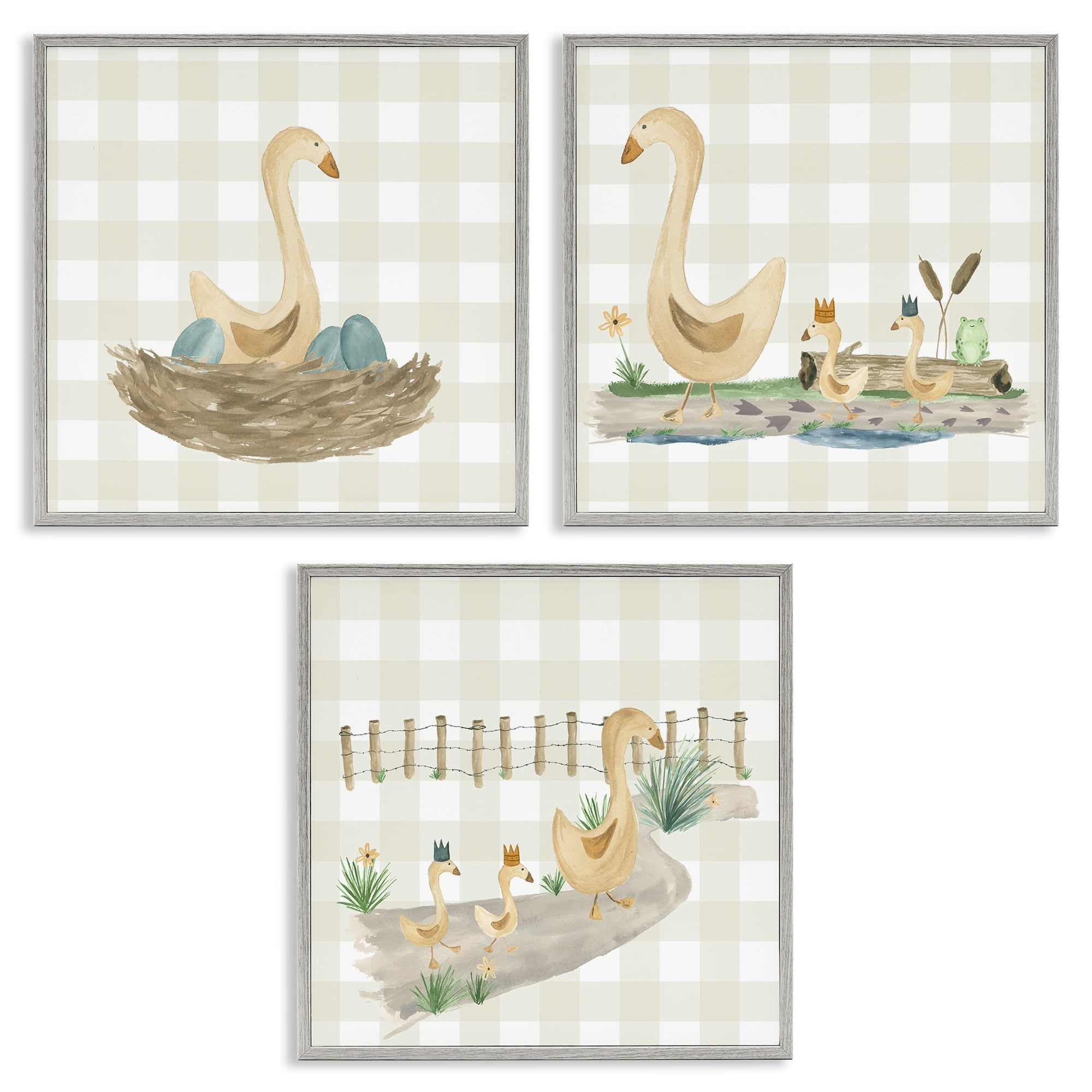 Stupell Industries Mama Goose & Ducklings Animals Painting Gray Framed Art Print Wall Art, 12 x 12, Set of 3