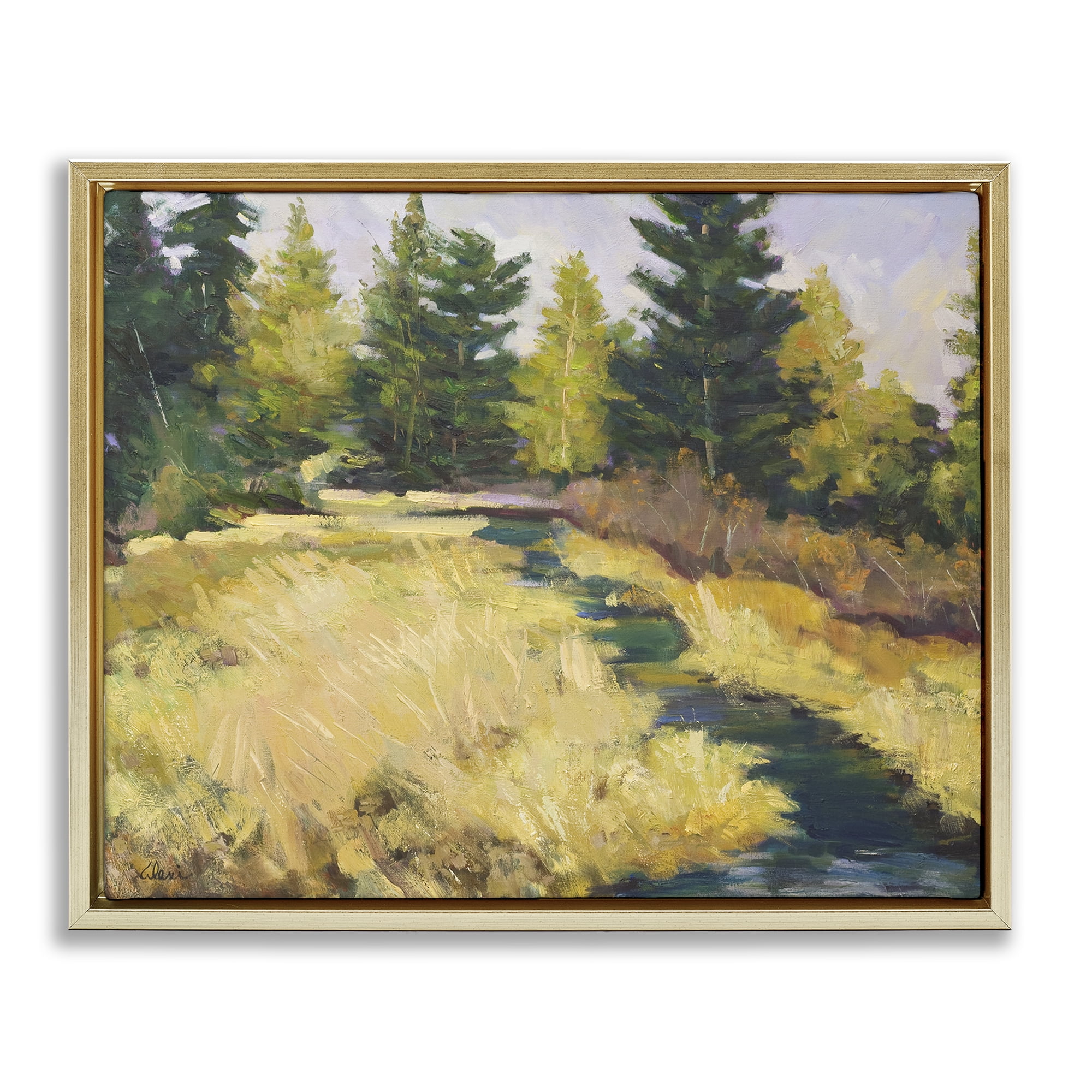 Stupell Industries Mammoth Creek Landscape Landscape & Nature Painting Gold Floater Framed Canvas Art Print Wall Art, 31 x 25