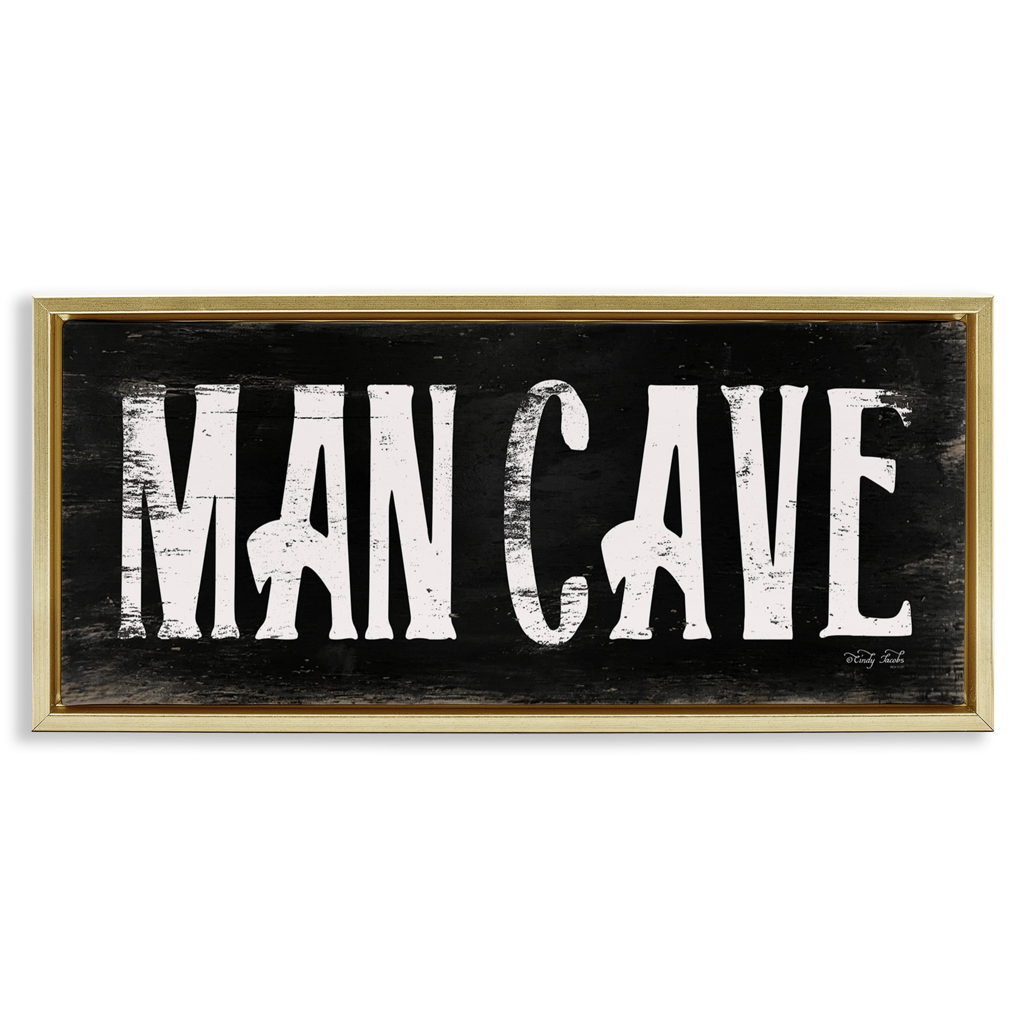 Stupell Industries Man Cave Black And White Typography Painting Gold Floater Framed Canvas Art Print Wall Art, 25 x 11