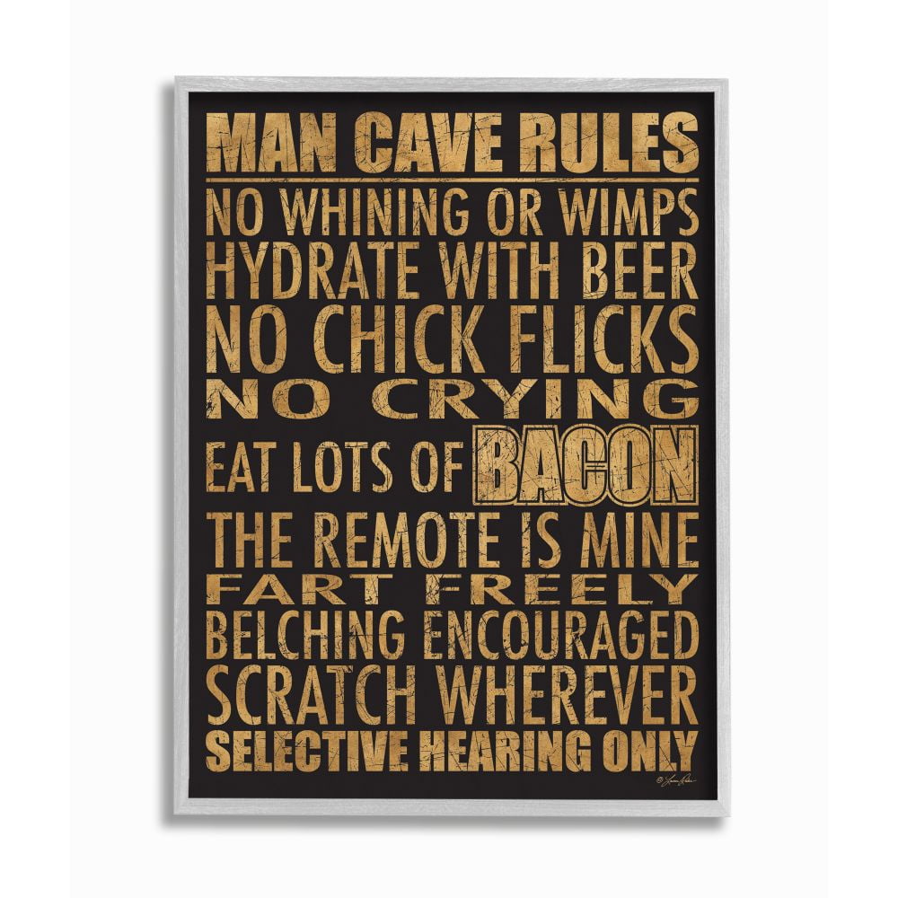 Man Cave Rules Rustic Text Canvas Wall Art in Gray Frame