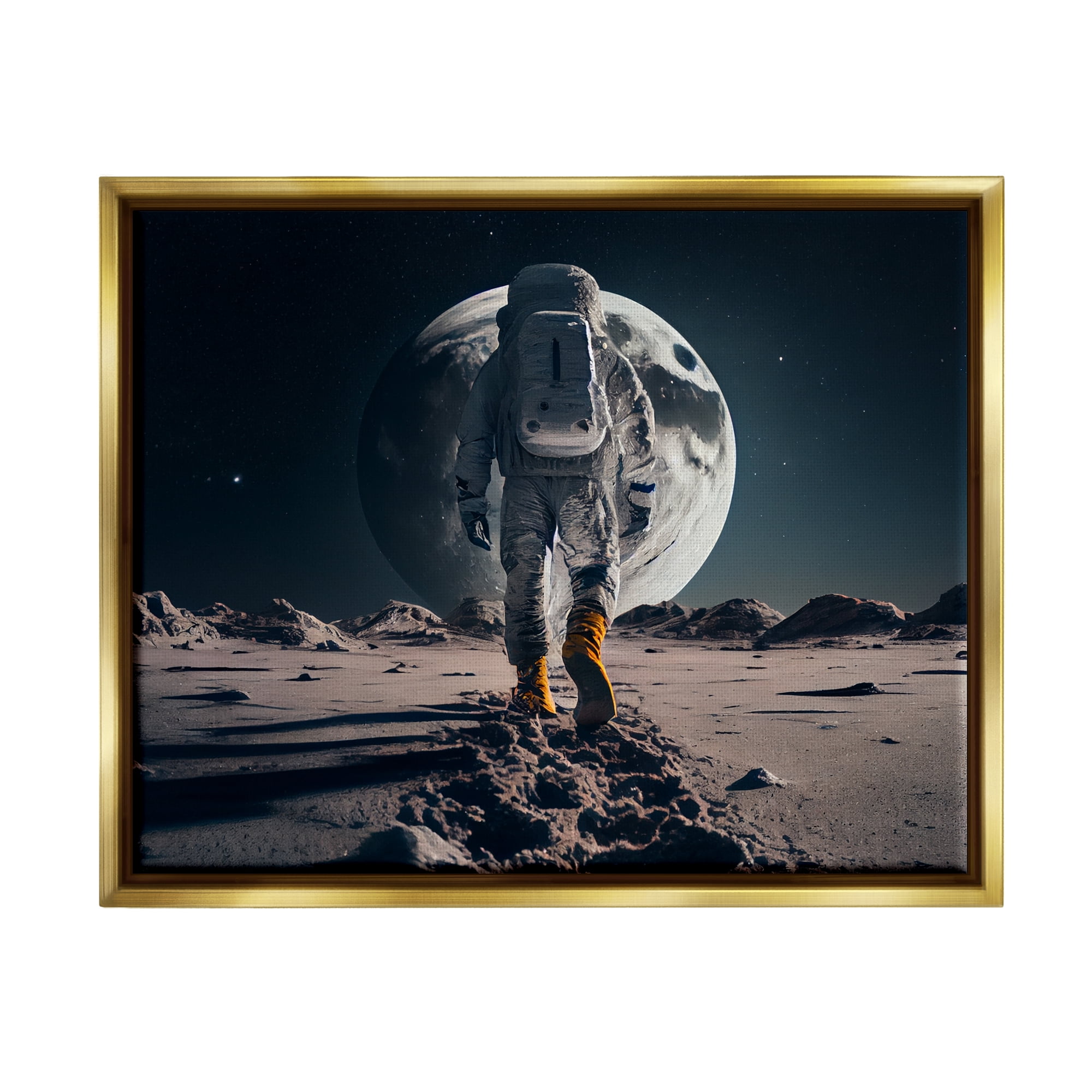 Stupell Industries Man On Moon Outer Space Astronaut Fairy Tales & Fantasy Painting Gold Floater Framed Art Print Wall Art