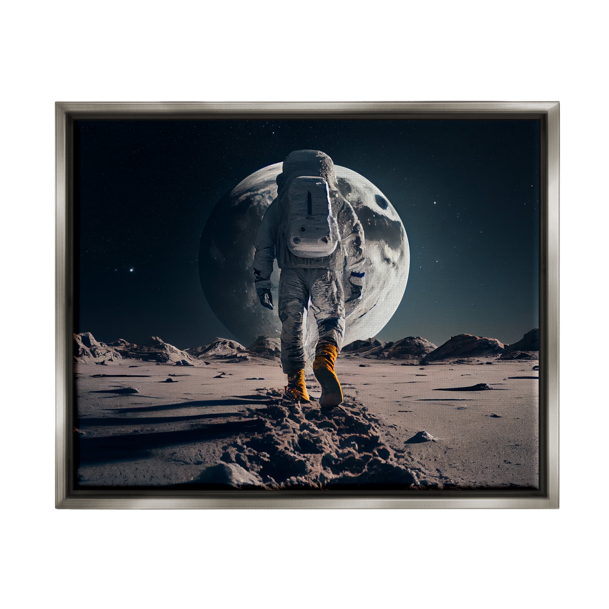 Stupell Industries Man On Moon Outer Space Astronaut Fairy Tales & Fantasy Painting Gray Floater Framed Art Print Wall Art