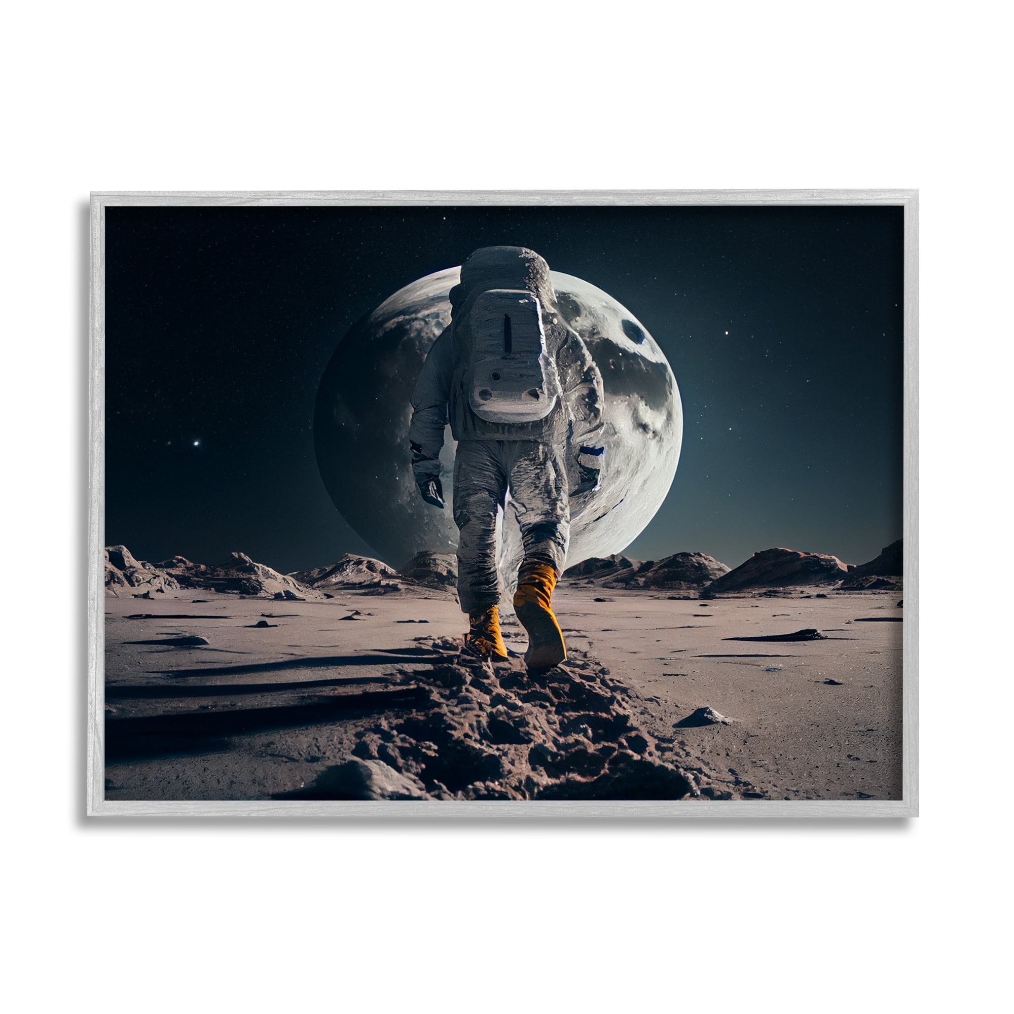 Stupell Industries Man On Moon Outer Space Astronaut Fairy Tales & Fantasy Painting Gray Framed Art Print Wall Art