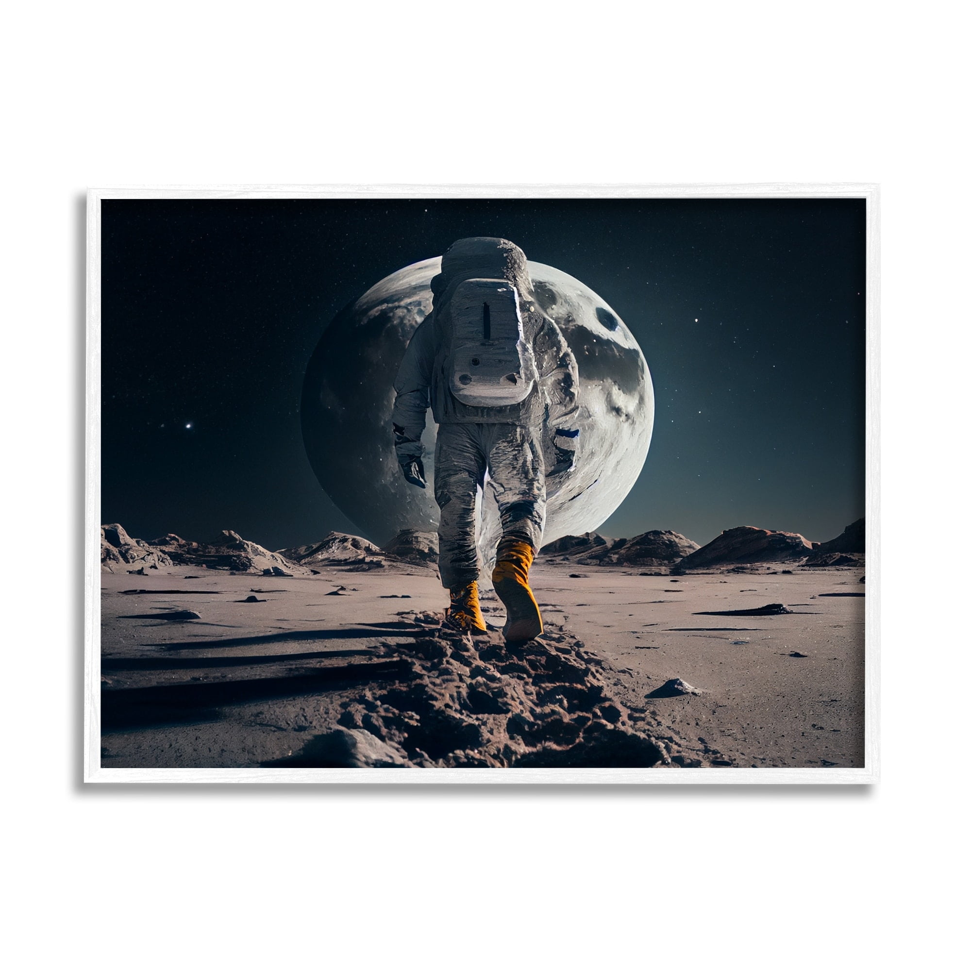 Stupell Industries Man On Moon Outer Space Astronaut Fairy Tales & Fantasy Painting White Framed Art Print Wall Art