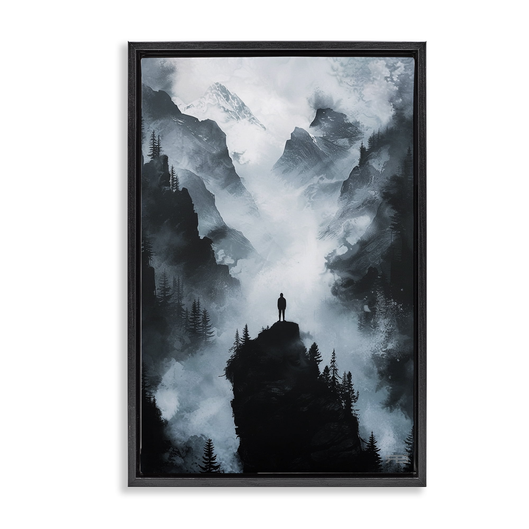 Stupell Industries Man on Intense Cliff Landscape & Nature Painting Black Floater Framed Canvas Art Print Wall Art, 21 x 31