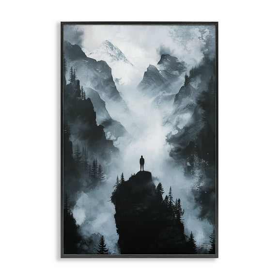 Stupell Industries Man on Intense Cliff Landscape & Nature Painting Black Framed Art Print Wall Art, 12 x 18