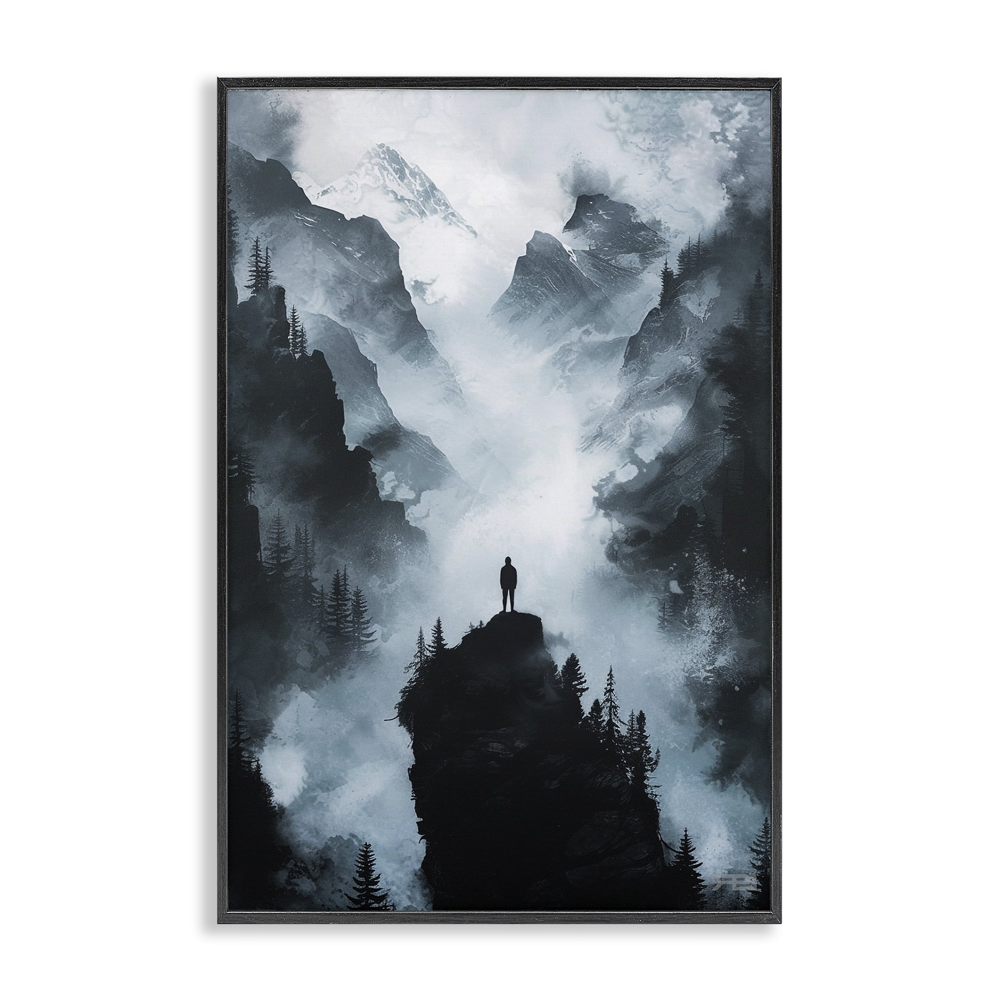 Stupell Industries Man on Intense Cliff Landscape & Nature Painting Black Framed Art Print Wall Art, 16 x 24