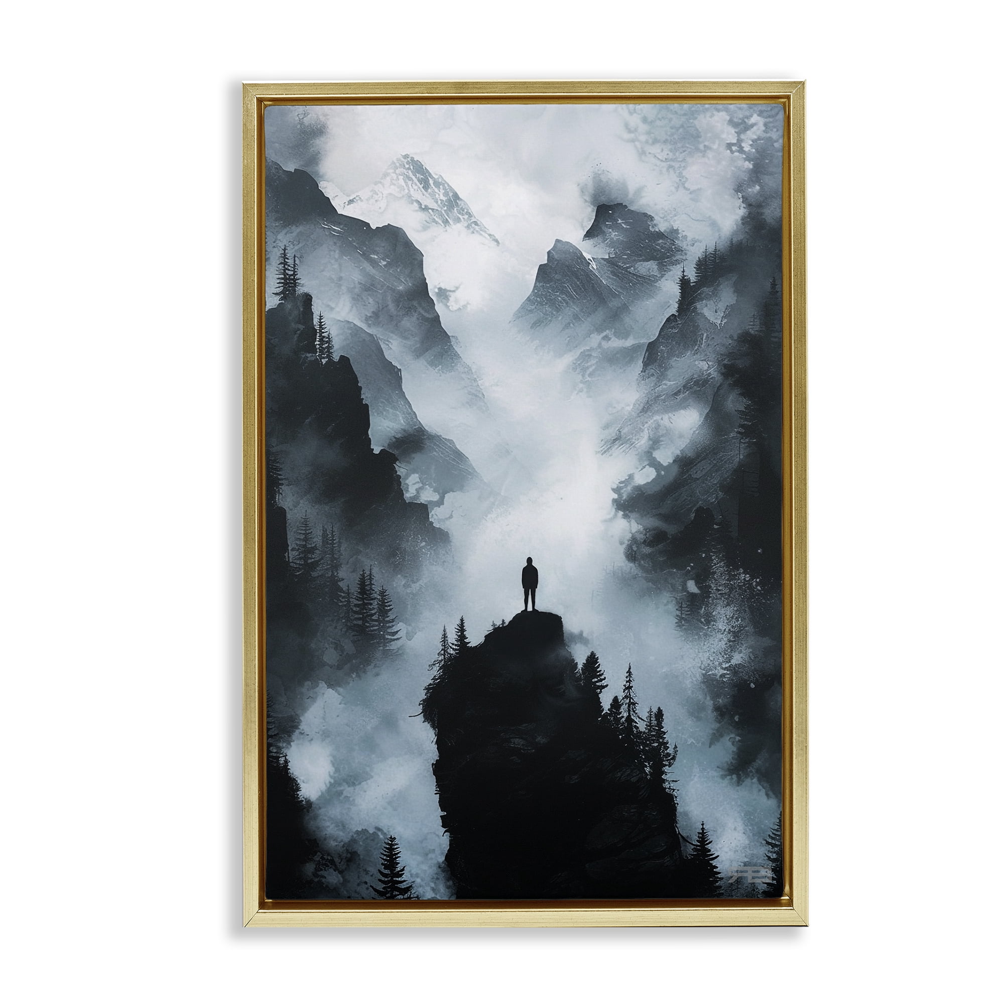Stupell Industries Man on Intense Cliff Landscape & Nature Painting Gold Floater Framed Canvas Art Print Wall Art, 17 x 25