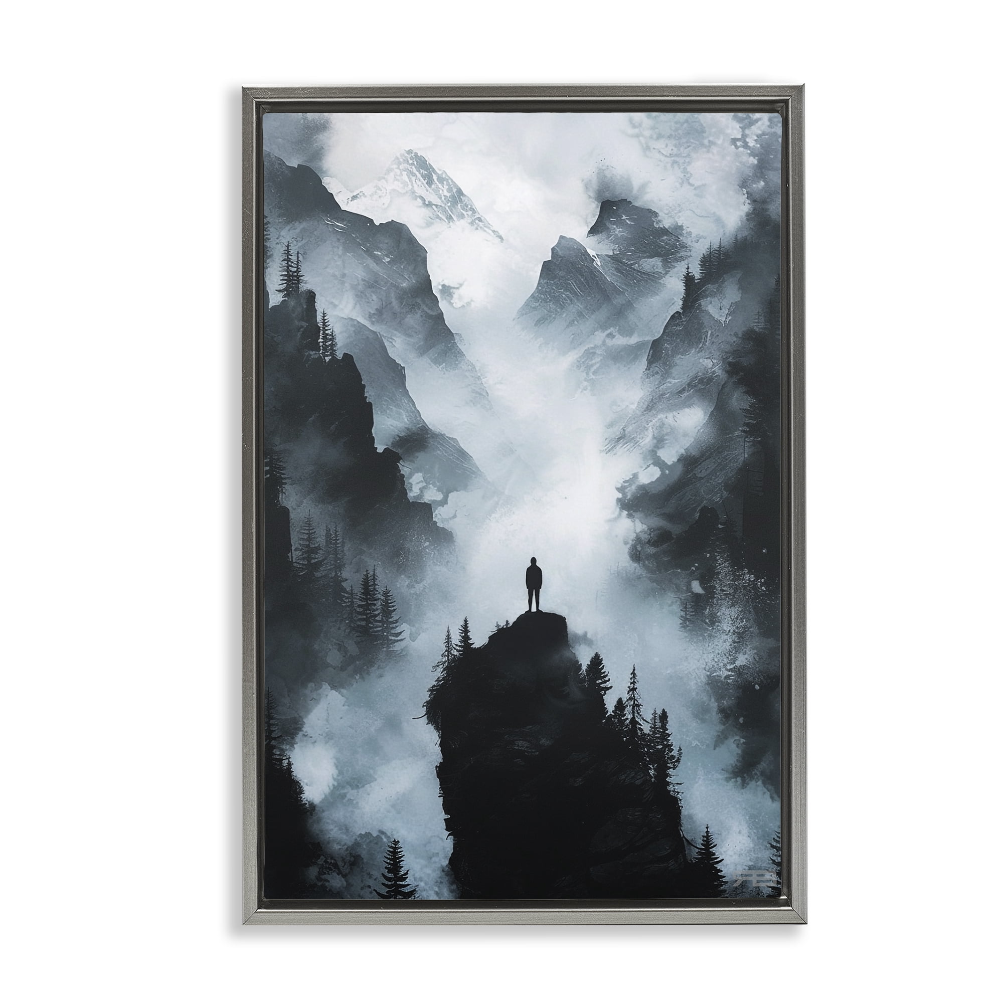 Stupell Industries Man on Intense Cliff Landscape & Nature Painting Gray Floater Framed Canvas Art Print Wall Art, 17 x 25