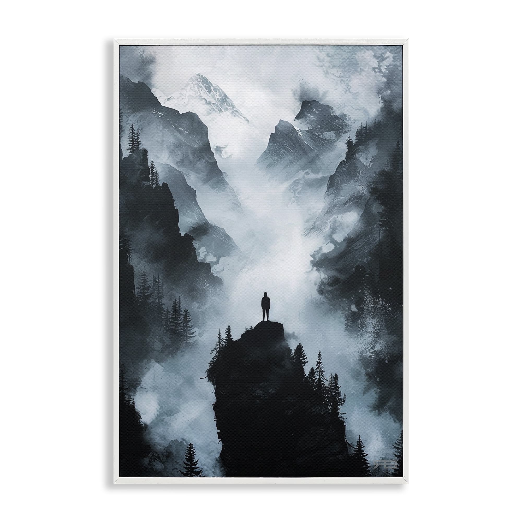 Stupell Industries Man on Intense Cliff Landscape & Nature Painting White Framed Art Print Wall Art, 12 x 18