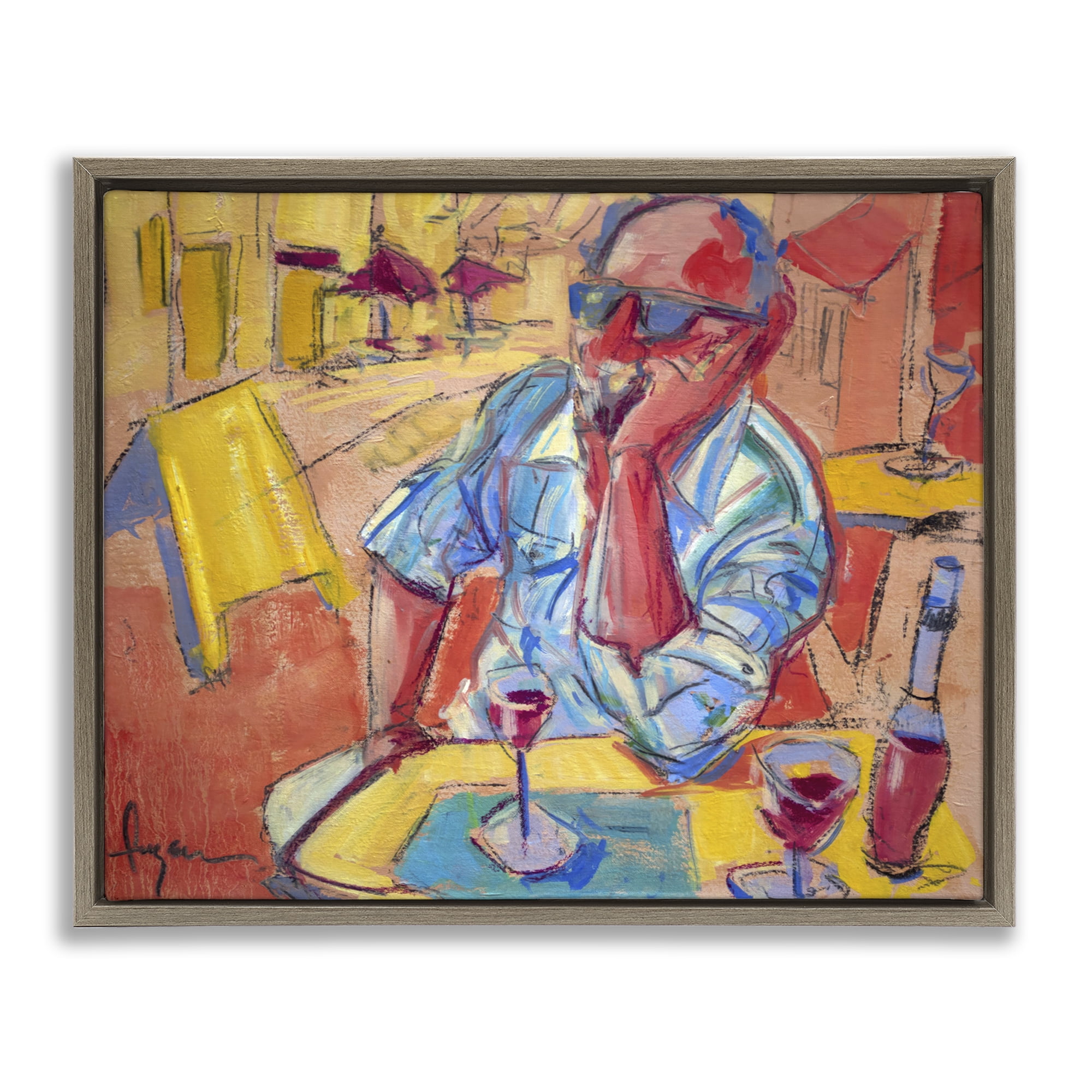 Stupell Industries Man with Wine Portrait People Painting Brown Floater Framed Canvas Art Print Wall Art, 31 x 25