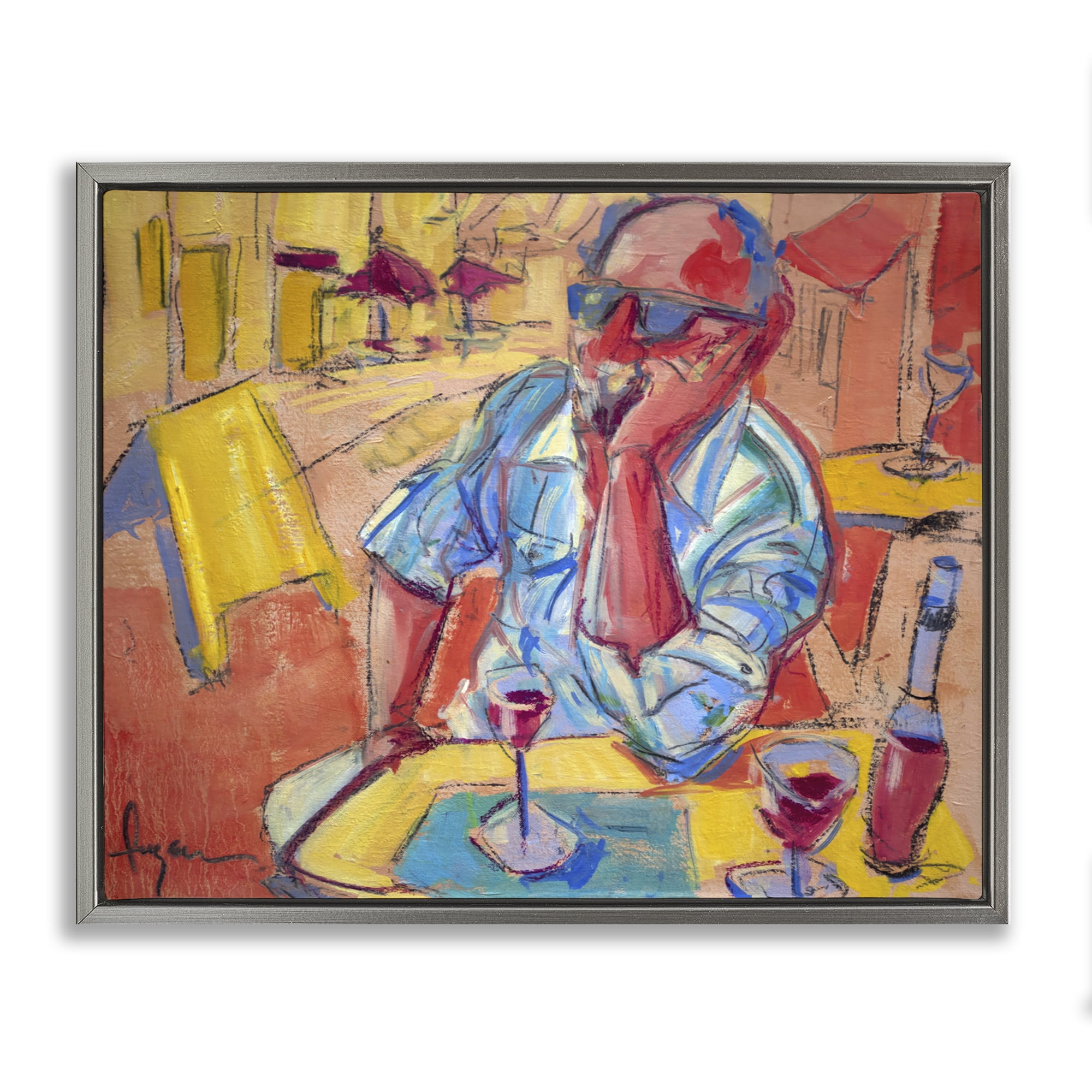 Stupell Industries Man with Wine Portrait People Painting Gray Floater Framed Canvas Art Print Wall Art, 21 x 17