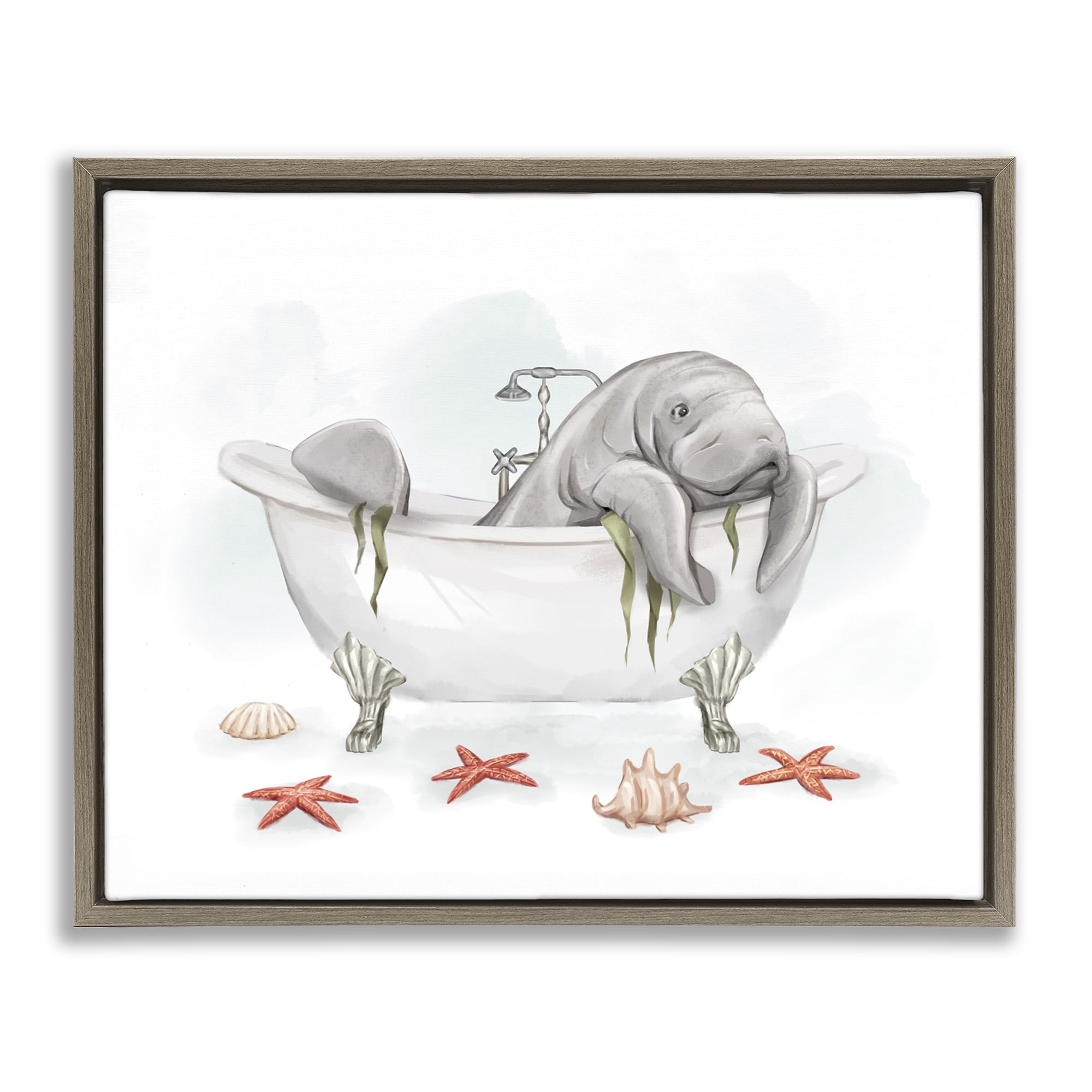 Stupell Industries Manatee Sea Life in Bathtub Animals & Insects Painting Brown Floater Framed Canvas Art Print Wall Art, 21 x 17