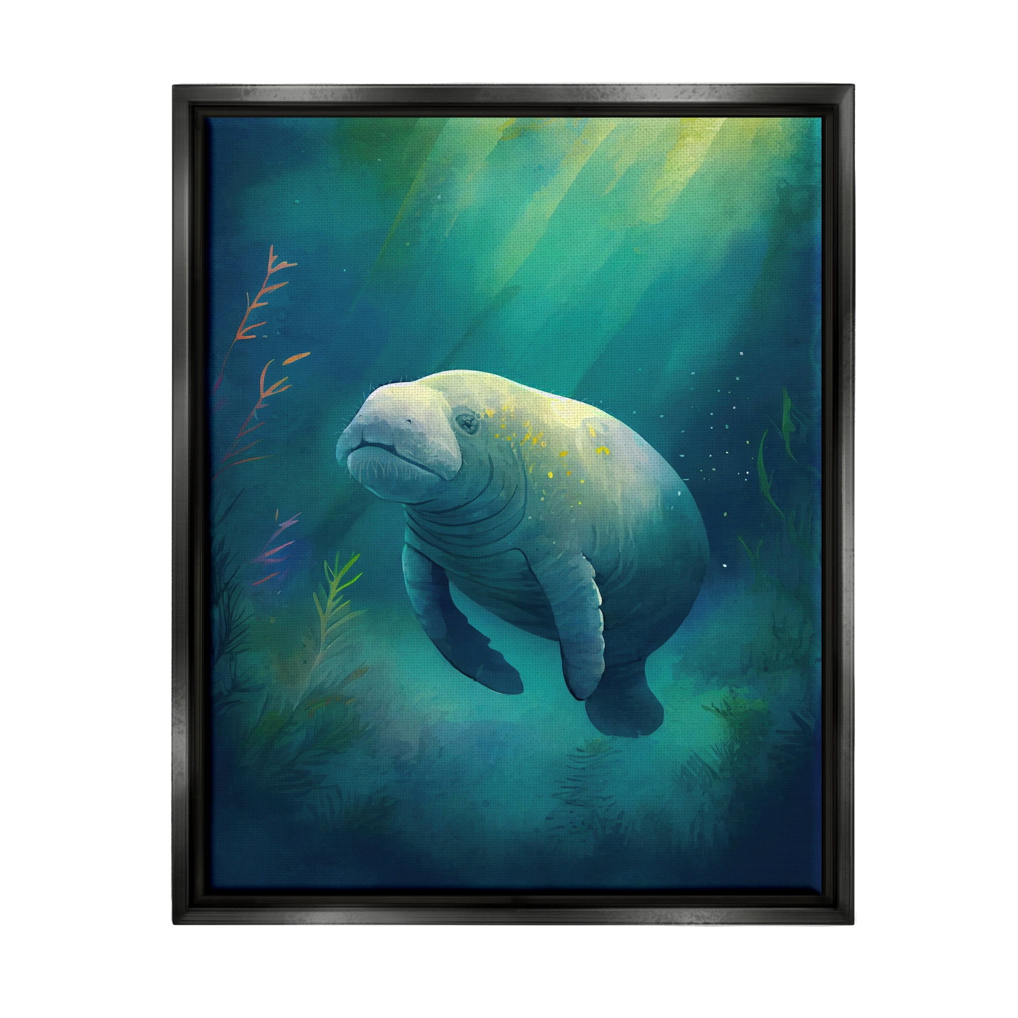 Stupell Industries Manatee Underwater View Animals & Insects Painting Black Floater Framed Canvas Art Print Wall Art, 25 x 31