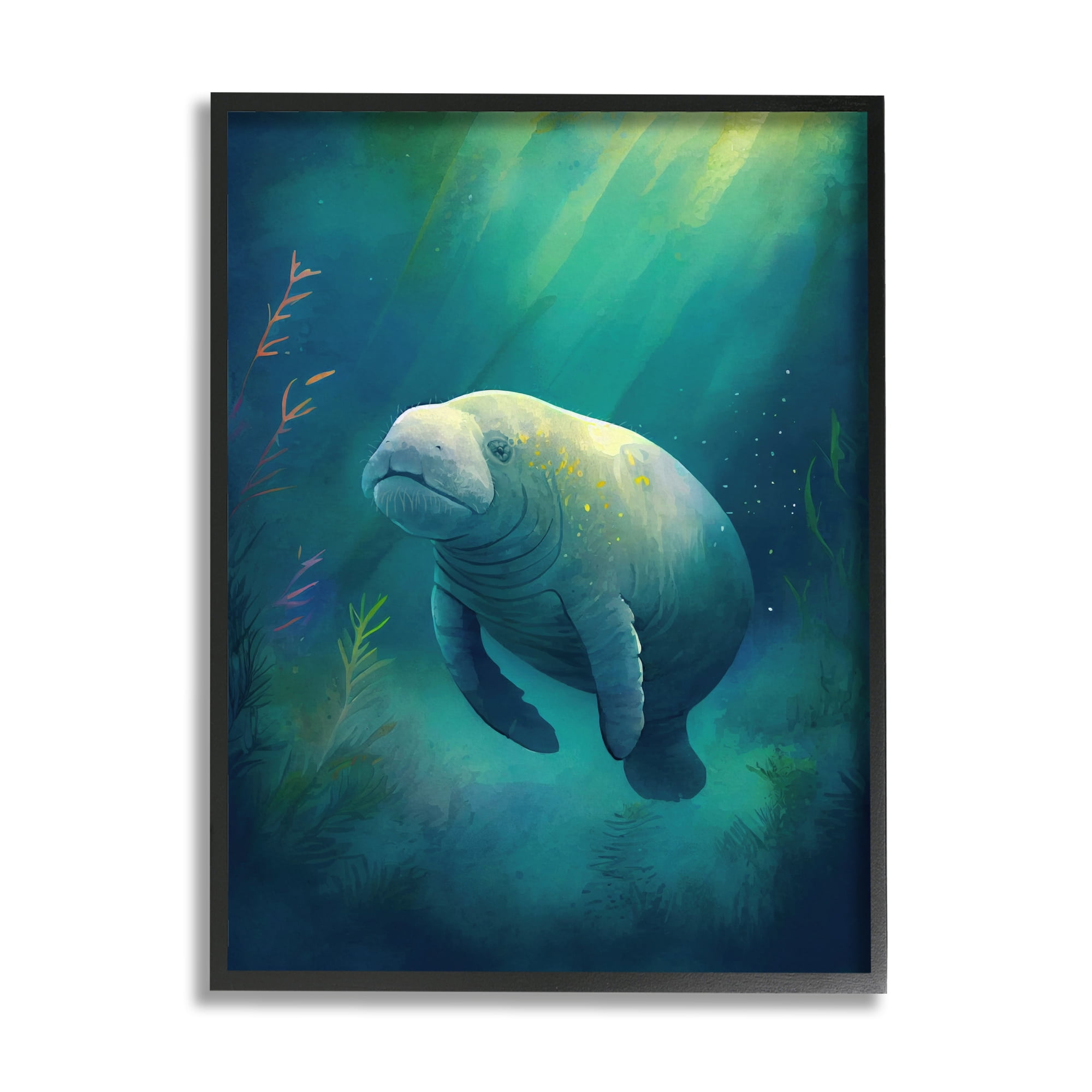 Stupell Industries Manatee Underwater View Animals & Insects Painting Black Framed Art Print Wall Art, 16 x 20