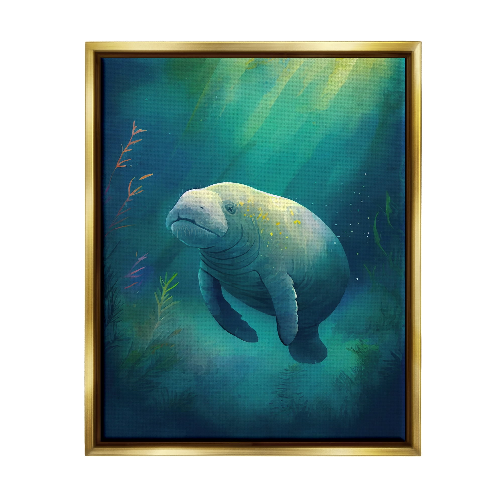 Stupell Industries Manatee Underwater View Animals & Insects Painting Gold Floater Framed Canvas Art Print Wall Art, 17 x 21