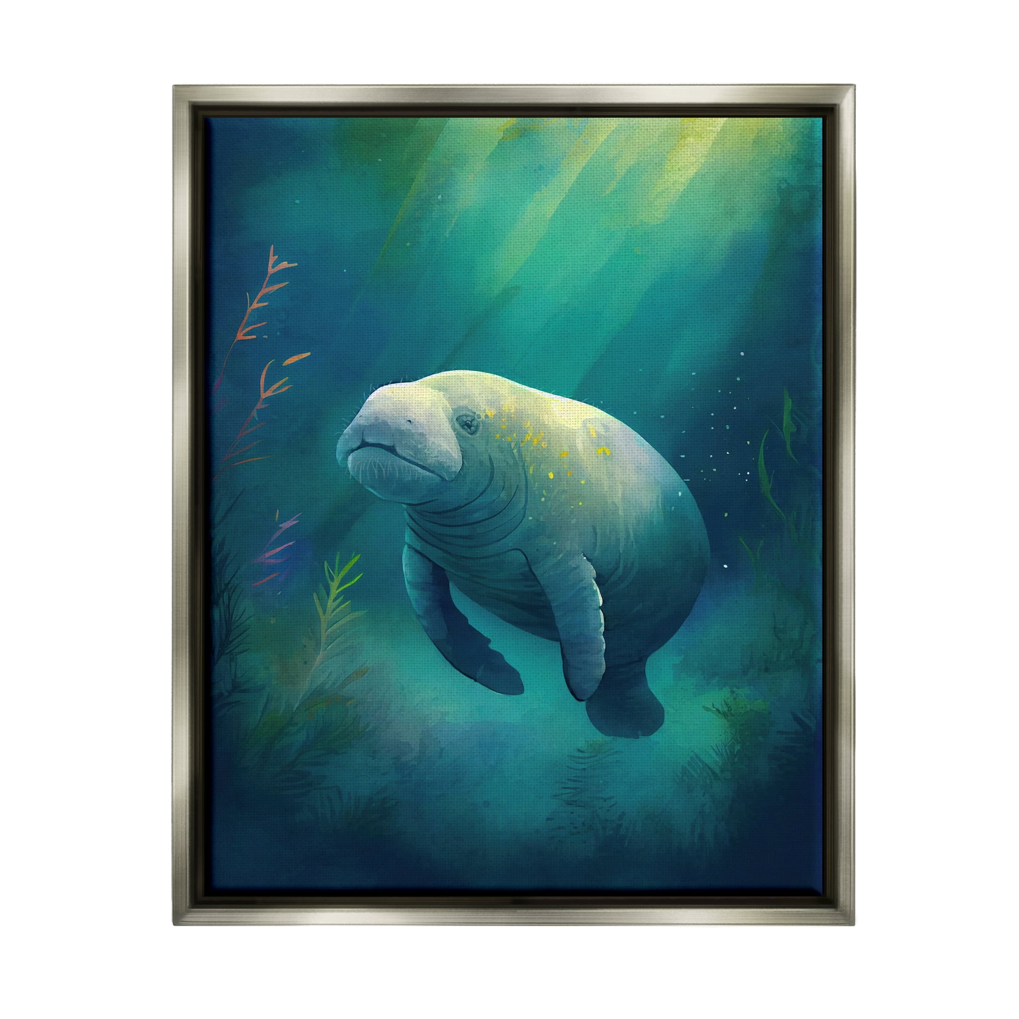 Stupell Industries Manatee Underwater View Animals & Insects Painting Gray Floater Framed Canvas Art Print Wall Art, 25 x 31
